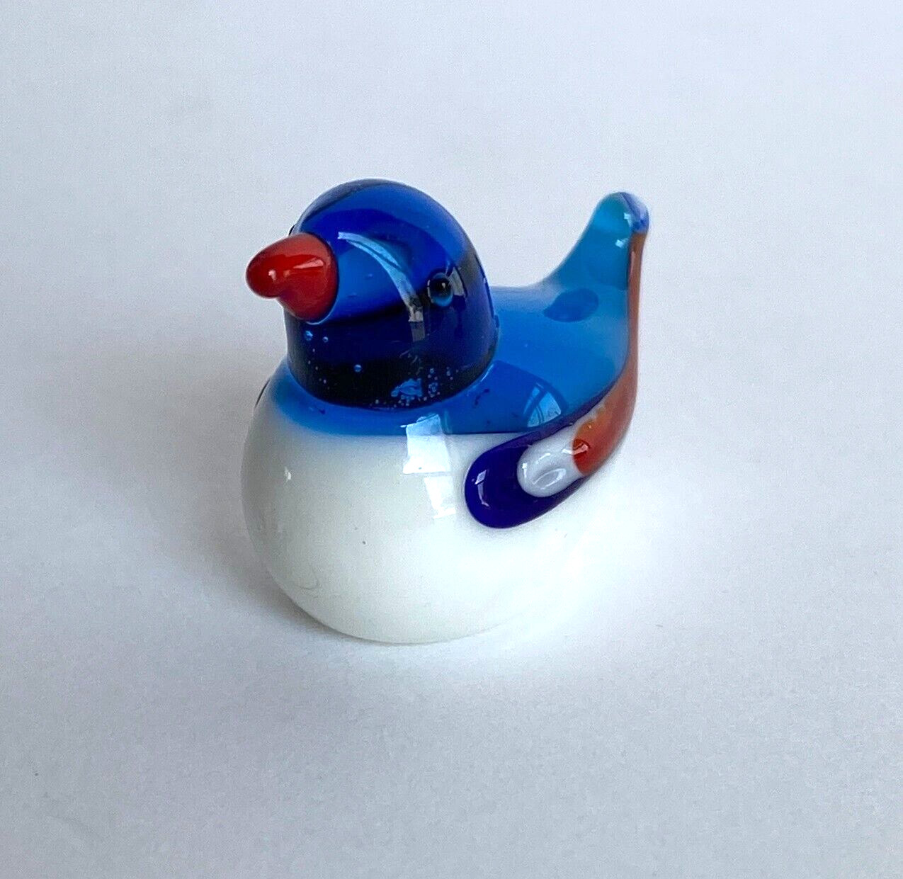 Miniature Mini Glass Bird Figurine Blue, Red & White Bird 1 1/8″