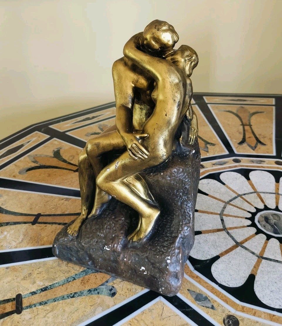 Vintage Esco The Kiss by Rodin Gold Hand Painted Chalkware Sculpture 10.5″