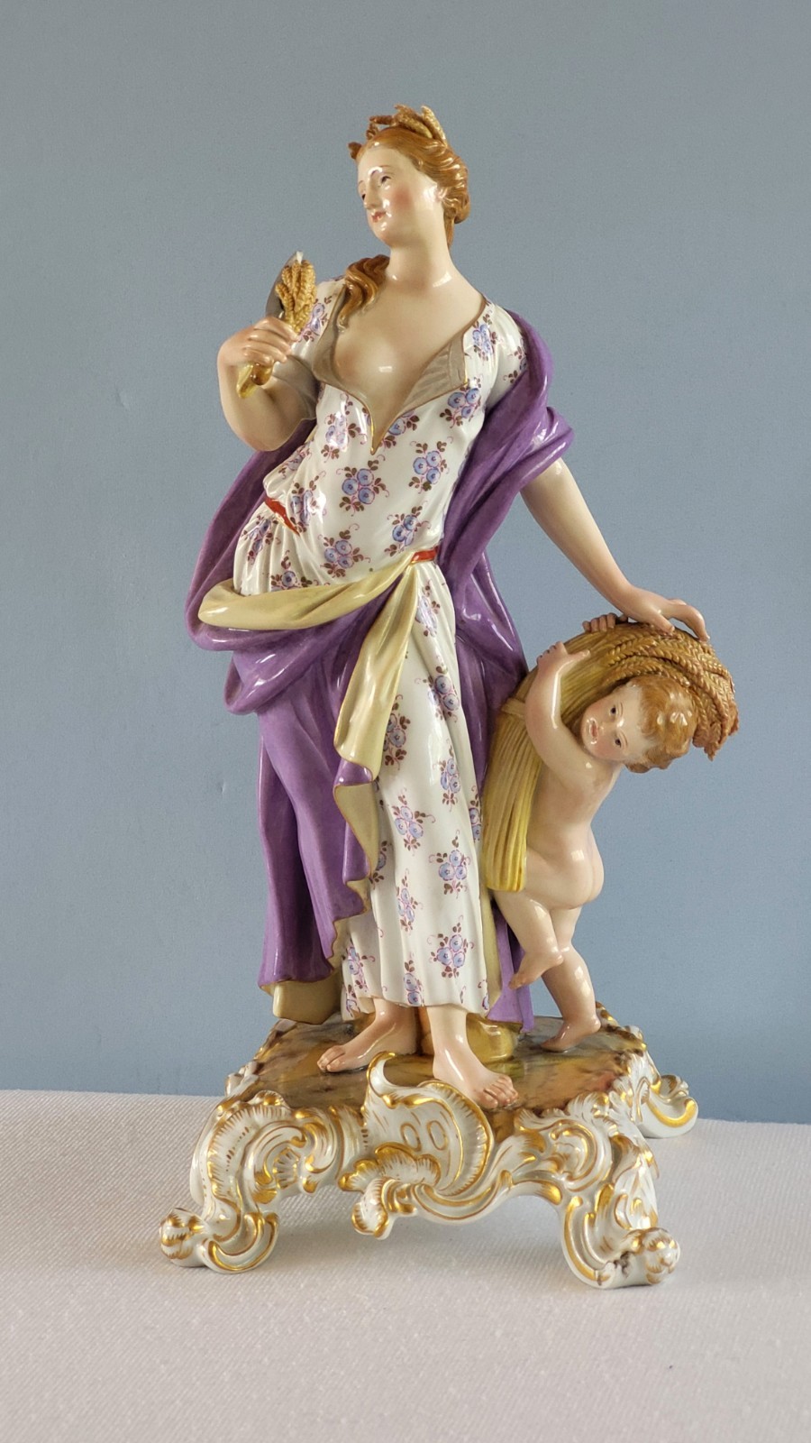 Antique Meissen Porcelain Figure 11 1/2″ Allegory of Summer Wheat w Putti c 1900