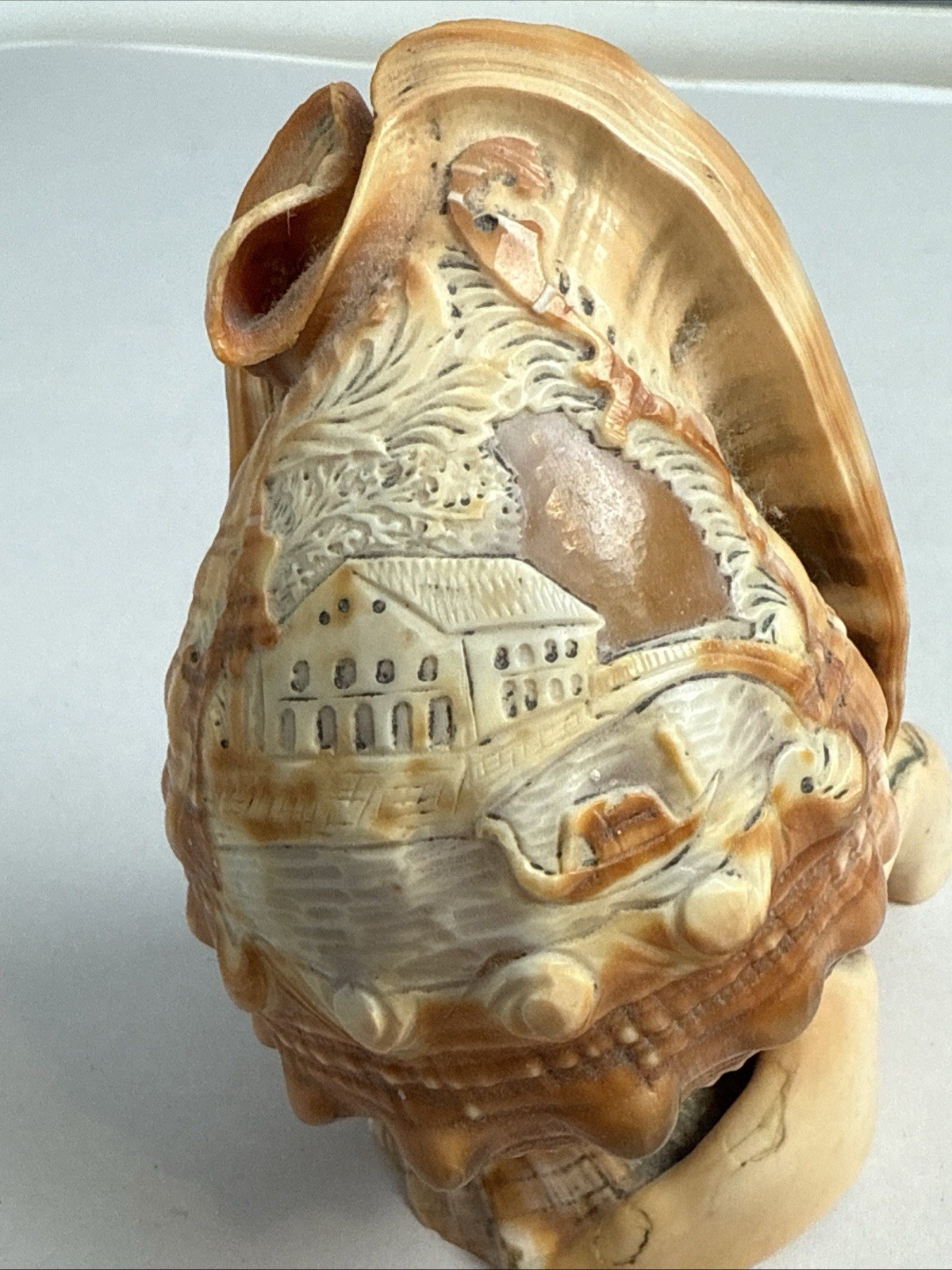 VTG Hand Carved Conch Cameo Seashell Italian Landscape Scene Decor Antique