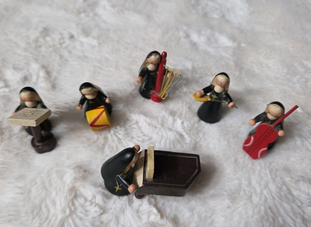 6 Vintage Lot Miniature Nuns sisters orchestra band wood Japan Shackman set
