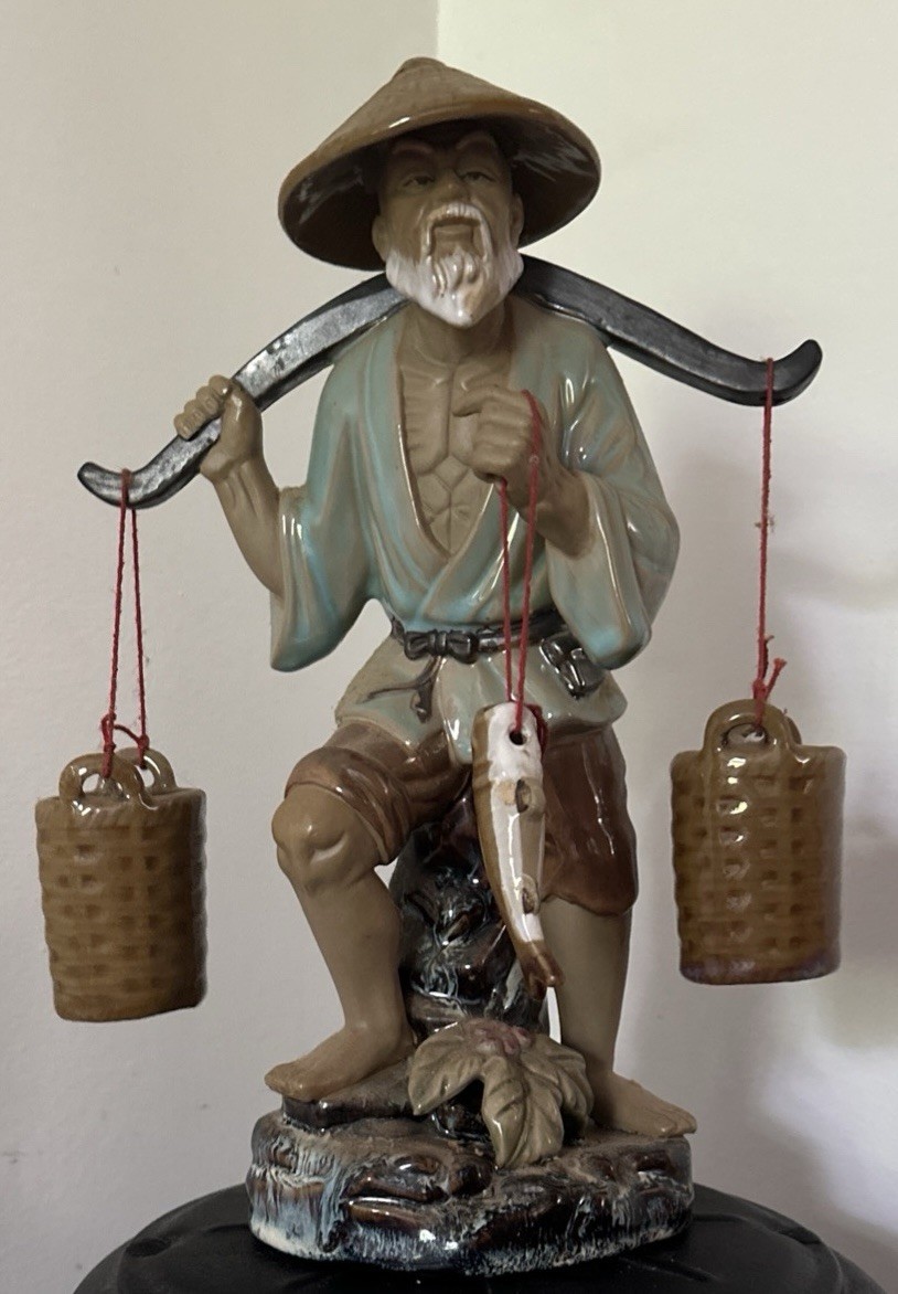 Ceramic Fisherman Man Figurine, Glossy Hand-Painted 3D Effect w/ Baskets & Fish