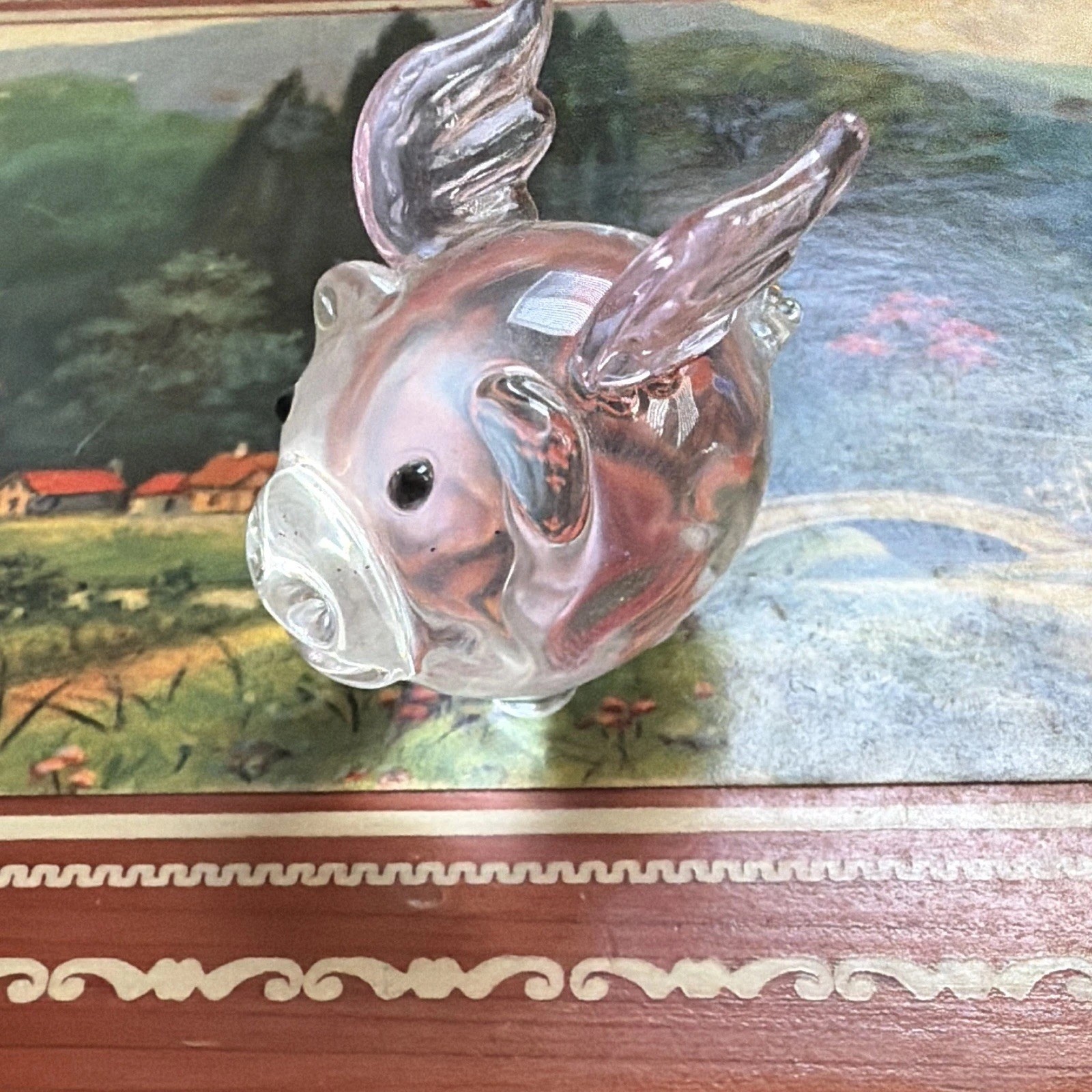 Clear & Pink Glass Flying Pig Figurine Sculpture, Winged Pig