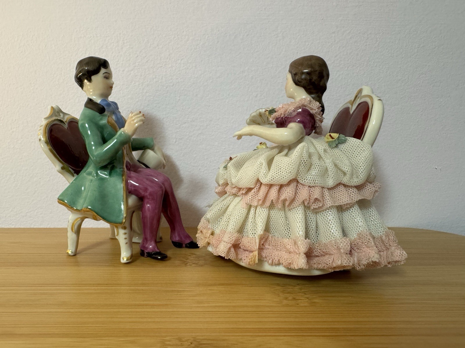 Antique German Dresden Porcelain Lace Couple Small Sizes Figurines Set Of 2