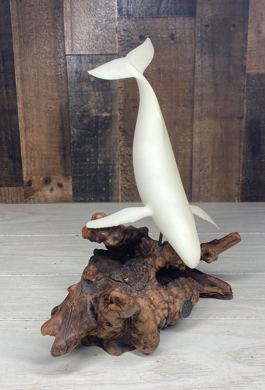 John Perry Humpback Whale Figure Sculpture Burlwood Base 11″ x 9″