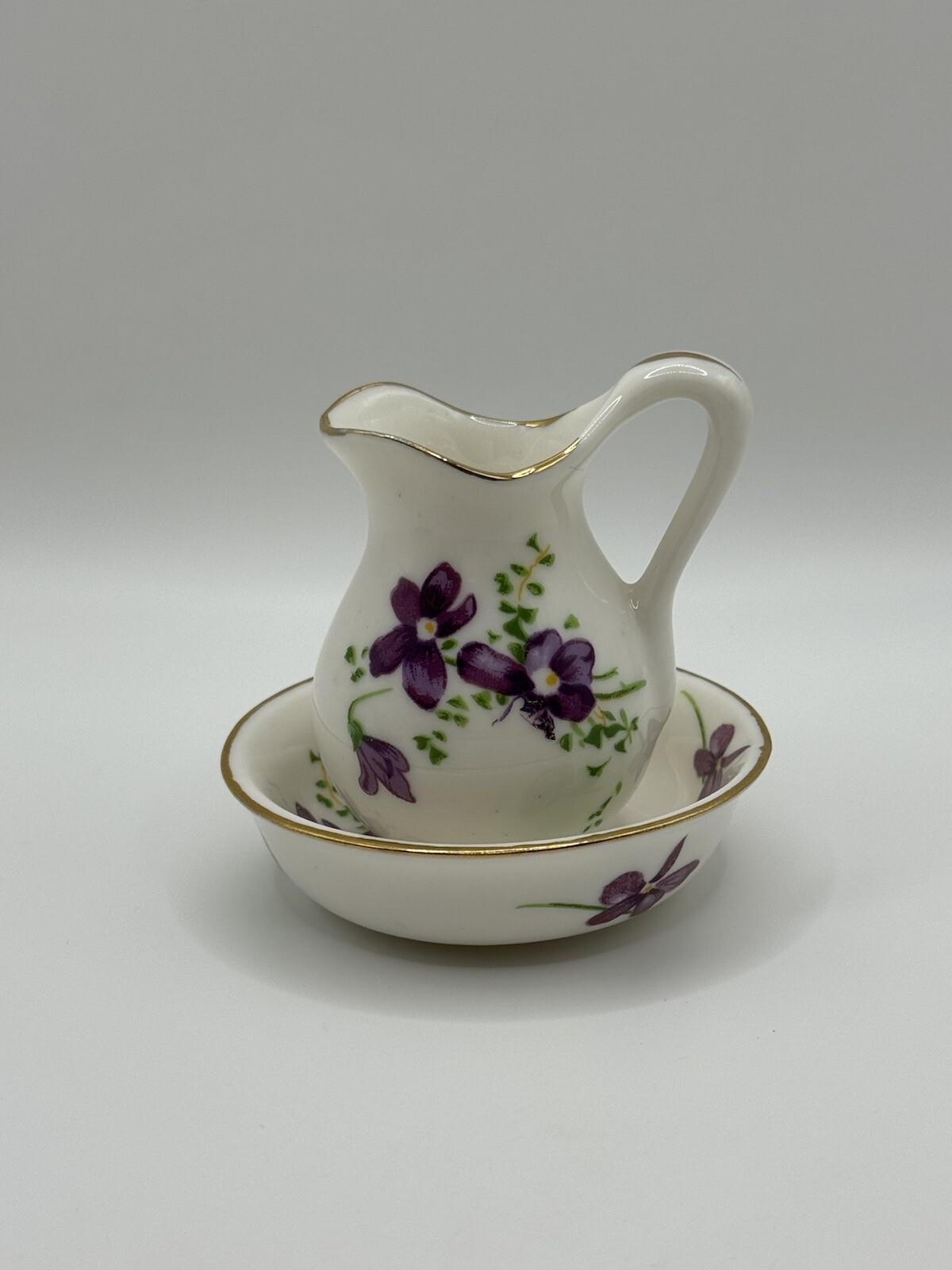 Vintage Mini Floral Pitcher & Saucer Gold Trim Curio Decor Figurine Trinkets