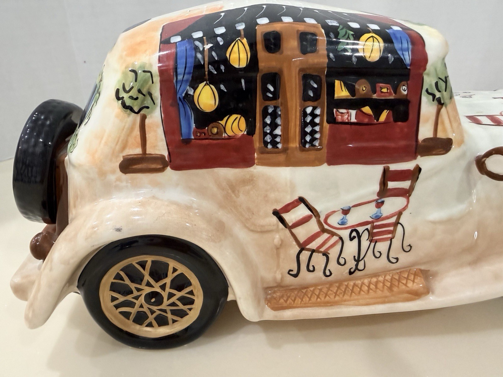 Vintage Hand-Painted Ceramic Car Sculpture Italian Café Bistro Scene Décor