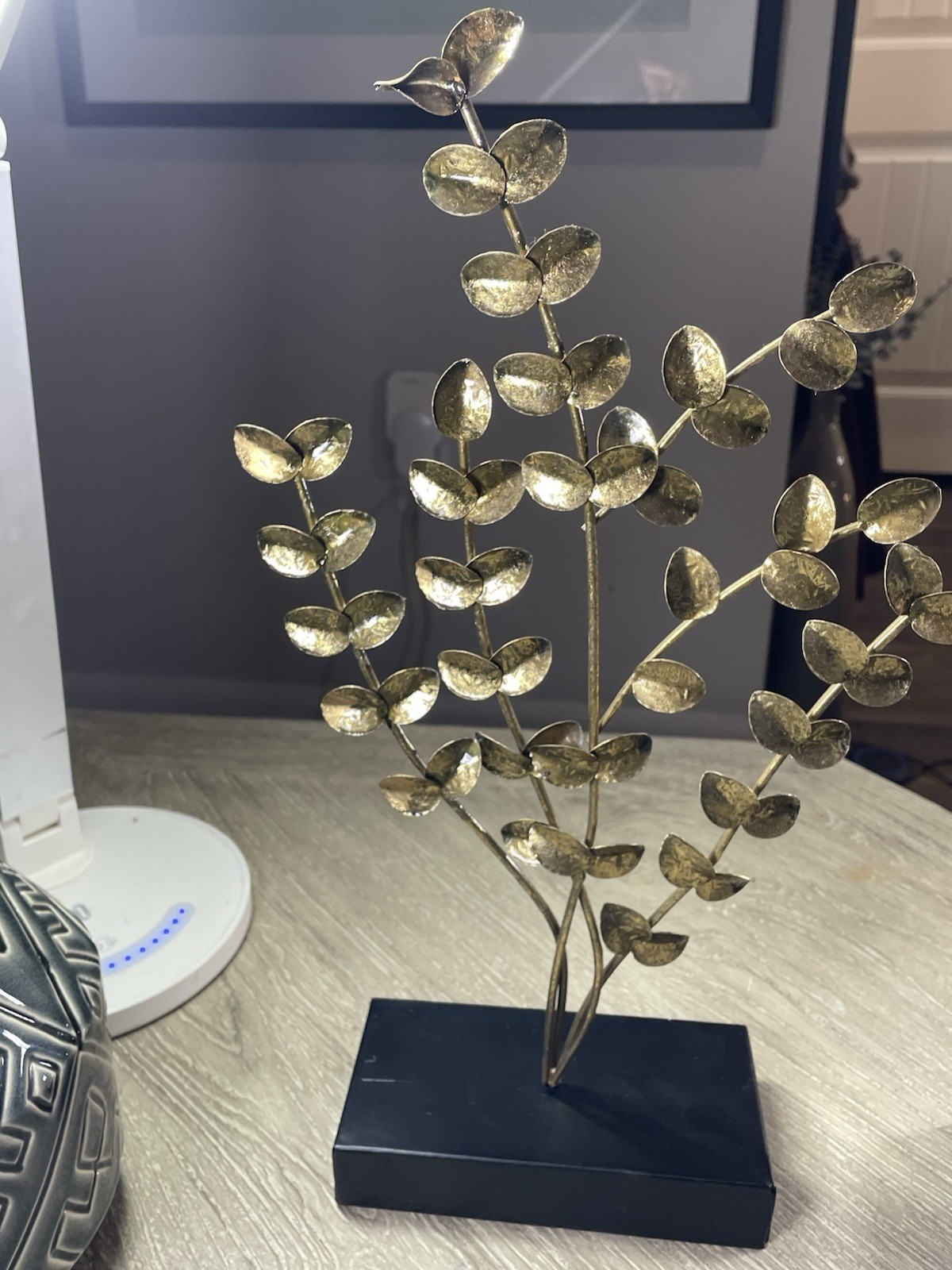 Pair of Gold Metal Leaf Sculptures Freestanding Modern on Black Base