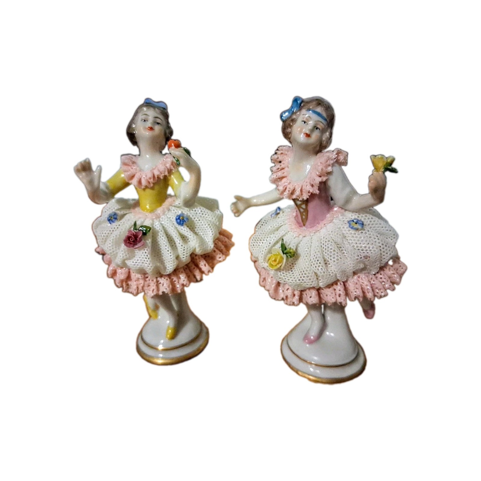 German Volkstedt Dresden White Lace Porcelain Ballerinas 1762 (ONE Damaged)