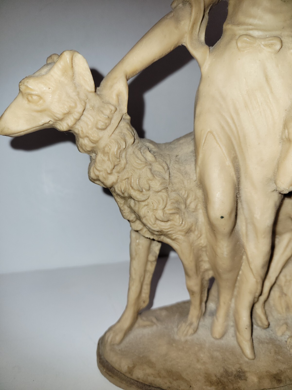 11.25″ Art Deco Resin Statue Lady in a Hat w/2 Wolfhound Borzoi Dogs 1920s Style