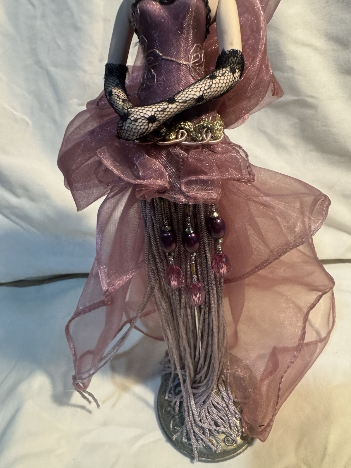 Purple Gold Woman Figurine Beaded Skirt Fabric Metal Plastic 12 Inch