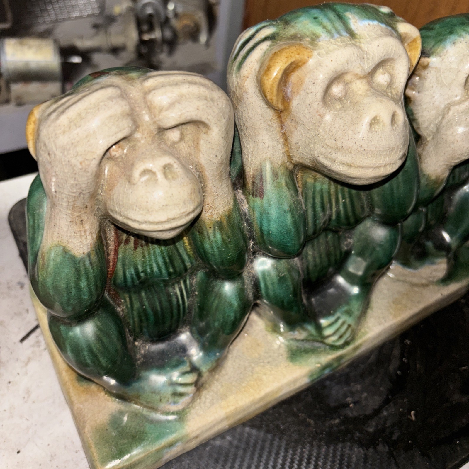Vintage 1960s Majestic 3Monkeys Figurine Signed AK 14 Emerald Drip GlazePRISTINE