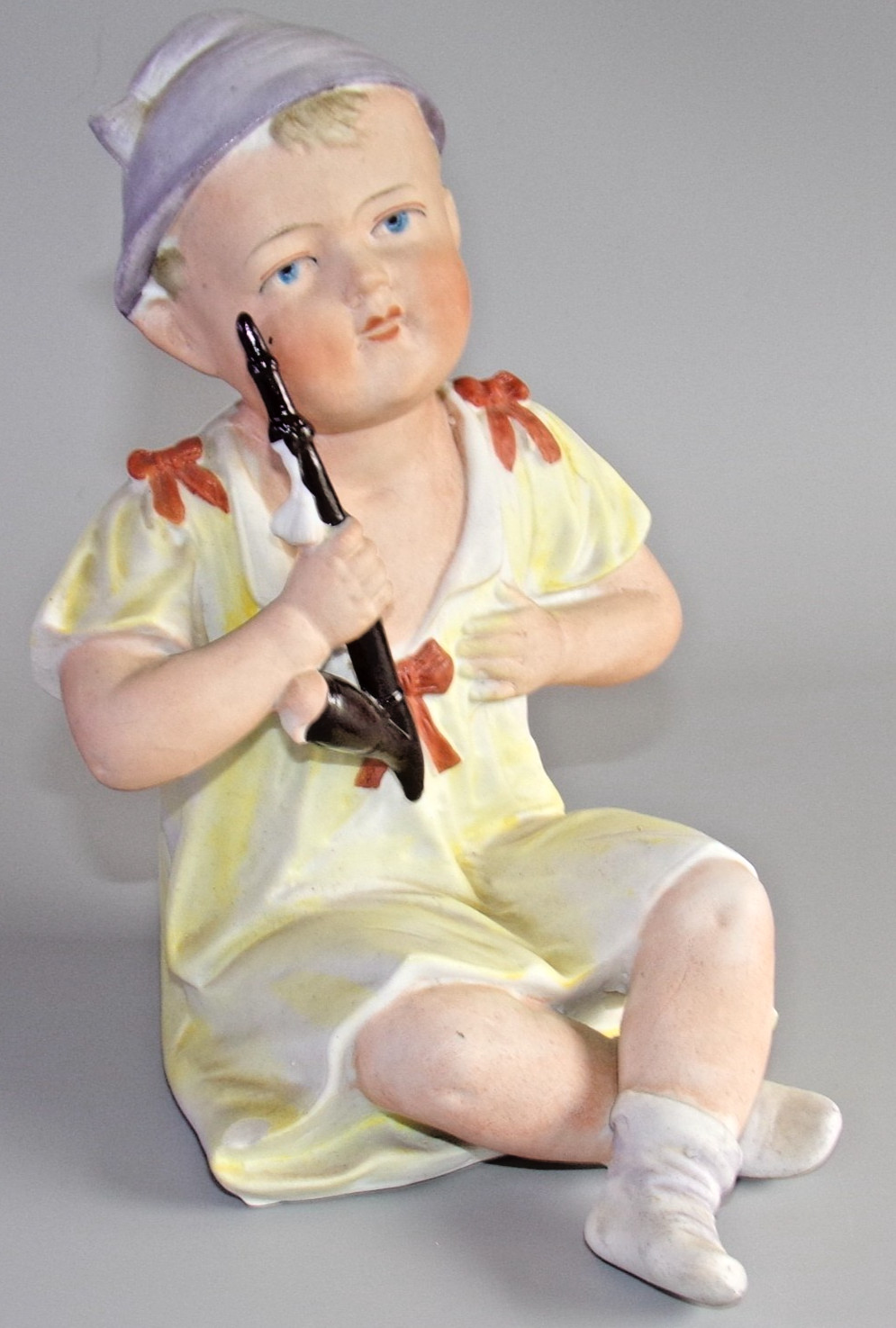 Vintage German Bisque Piano Baby Boy With Horn Figurine 7 Inch Germany 4356