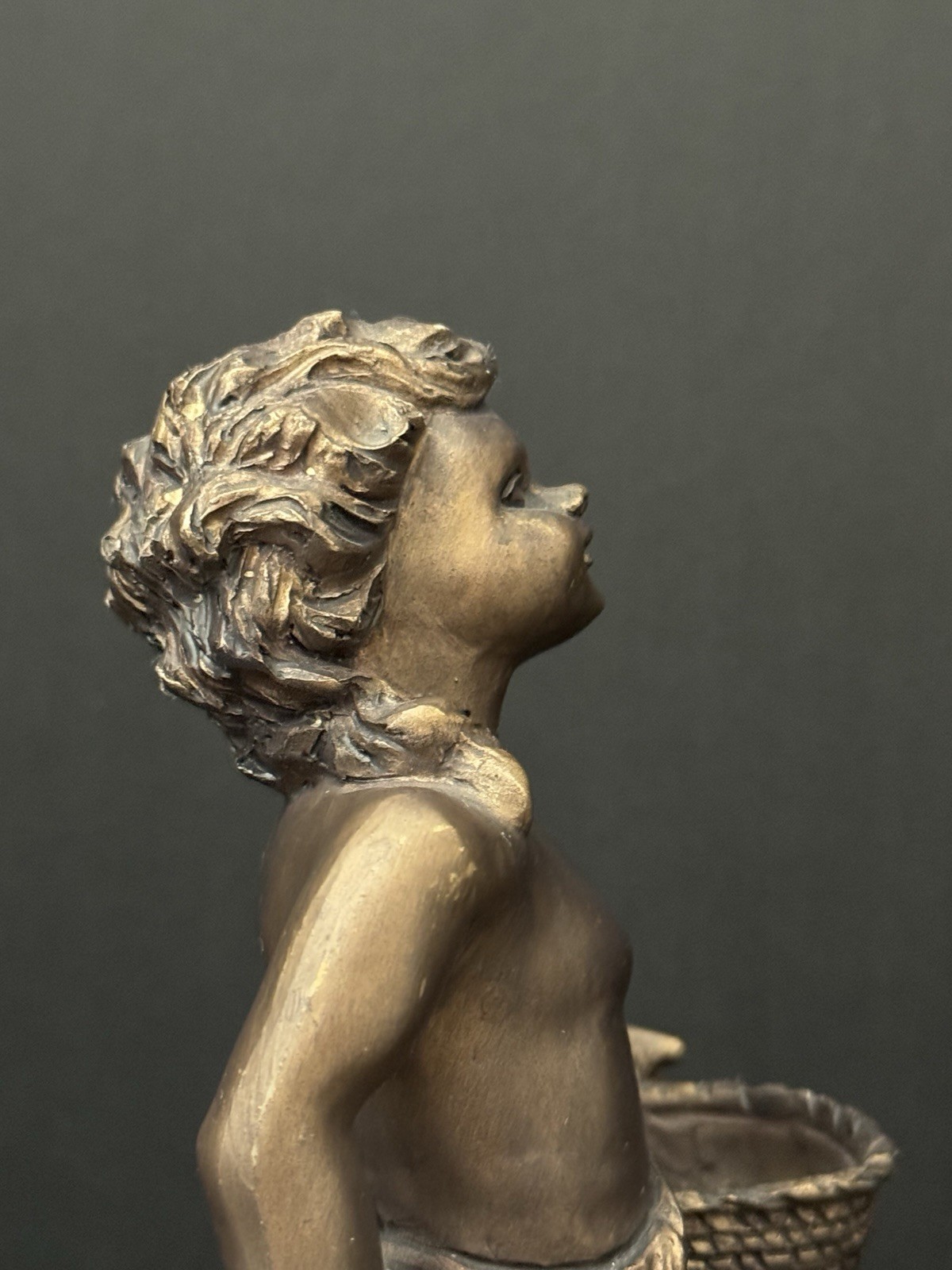 Vintage Cherub Putti Basket Figure Art Nouveau Bronze Finish Decorative Statue