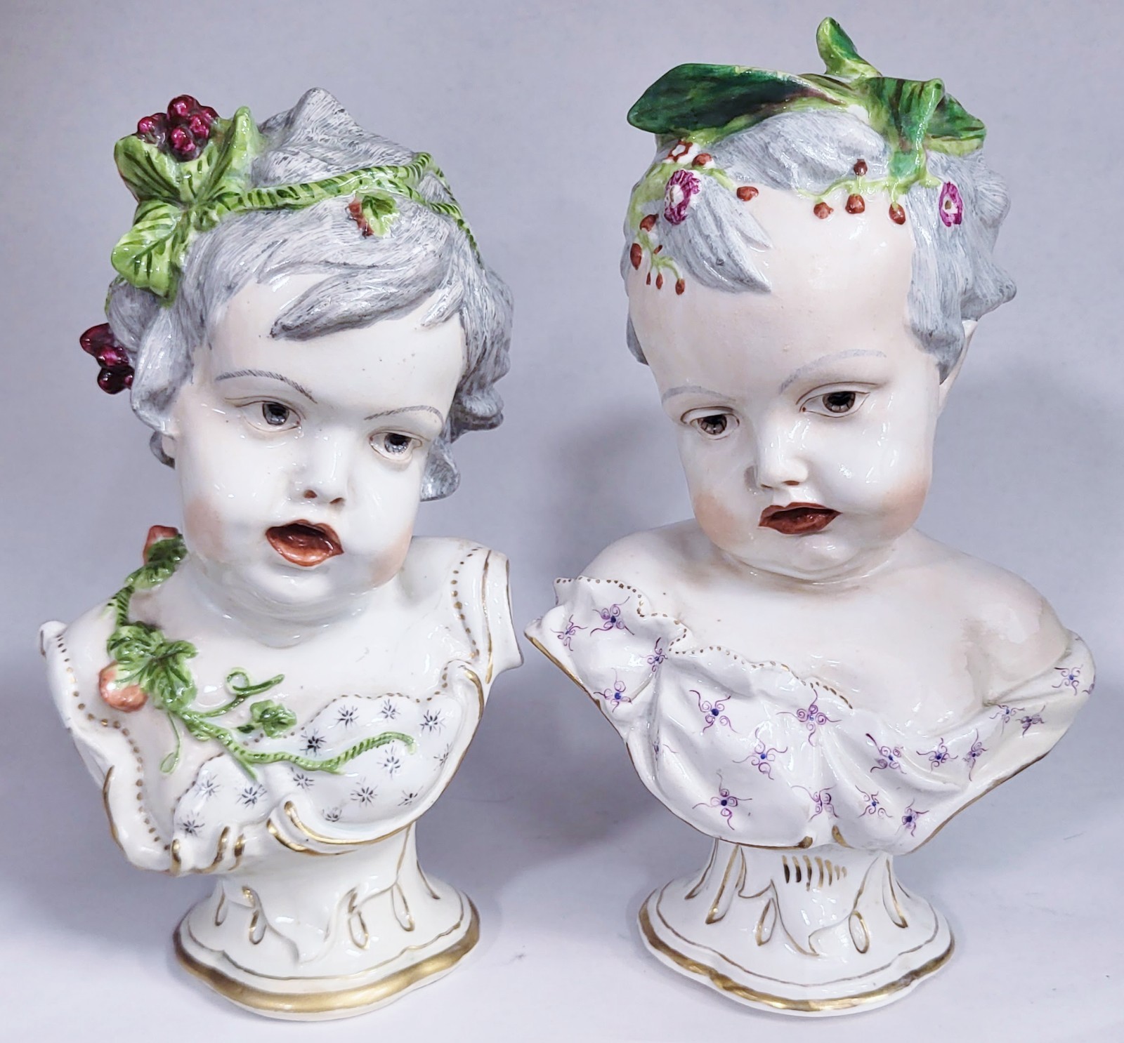 PAIR Antique GERMAN 19th C MEISSEN Dresden French Samson PORCELAIN BUST Boy Girl