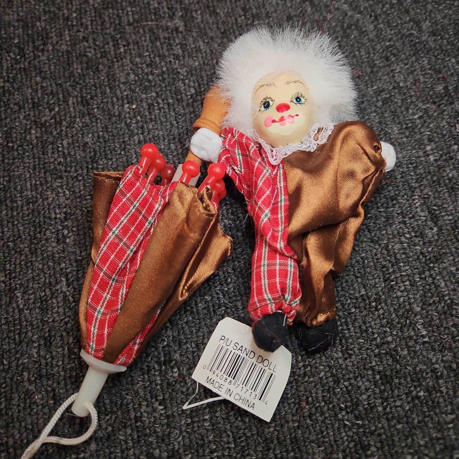 Sand Doll Porcelain Clown Doll With Umbrella Pre-owned 5.5″ Doll Red Plaid
