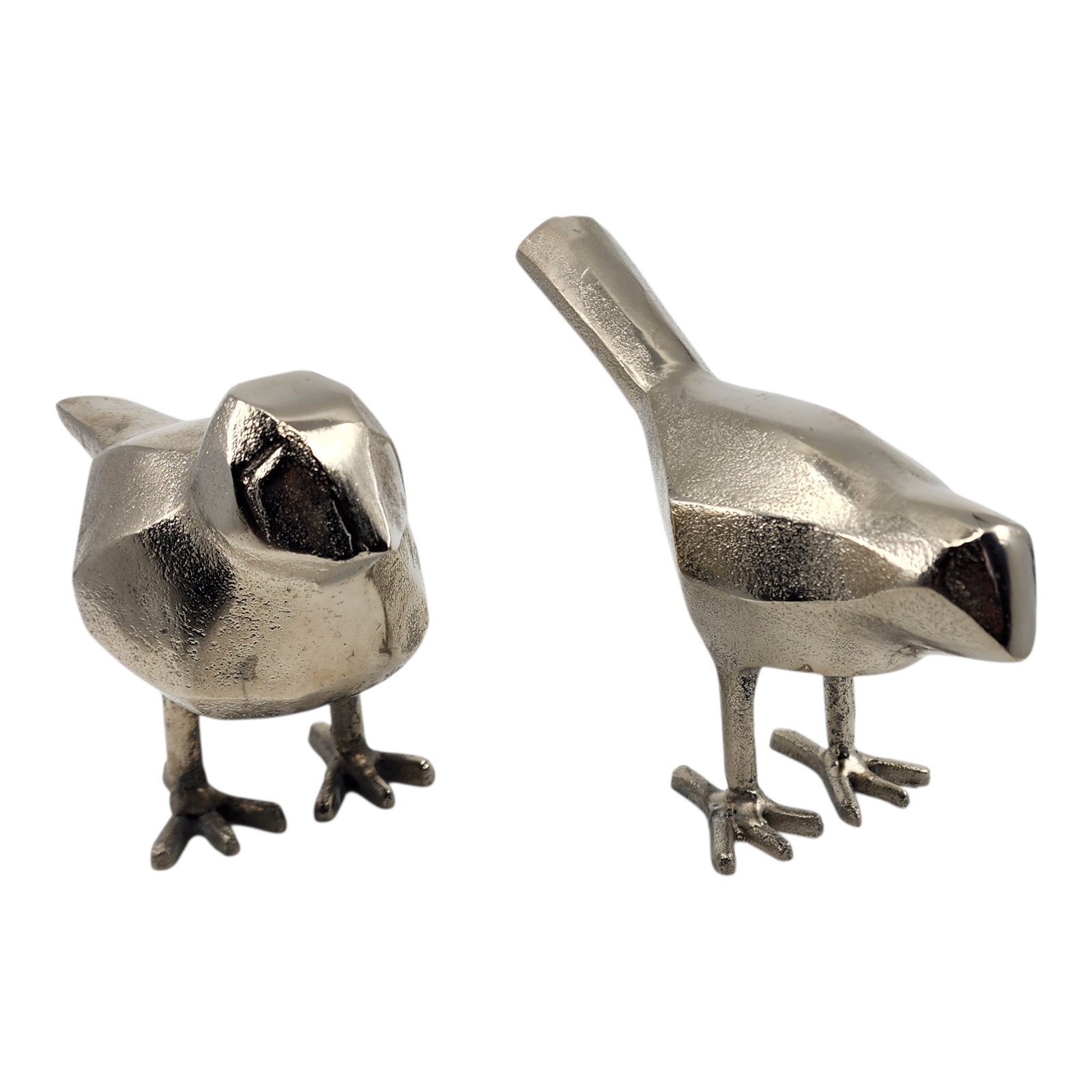 Cast Metal Pair of Decorative Geometric Silver Birds Minimalist Nature Object