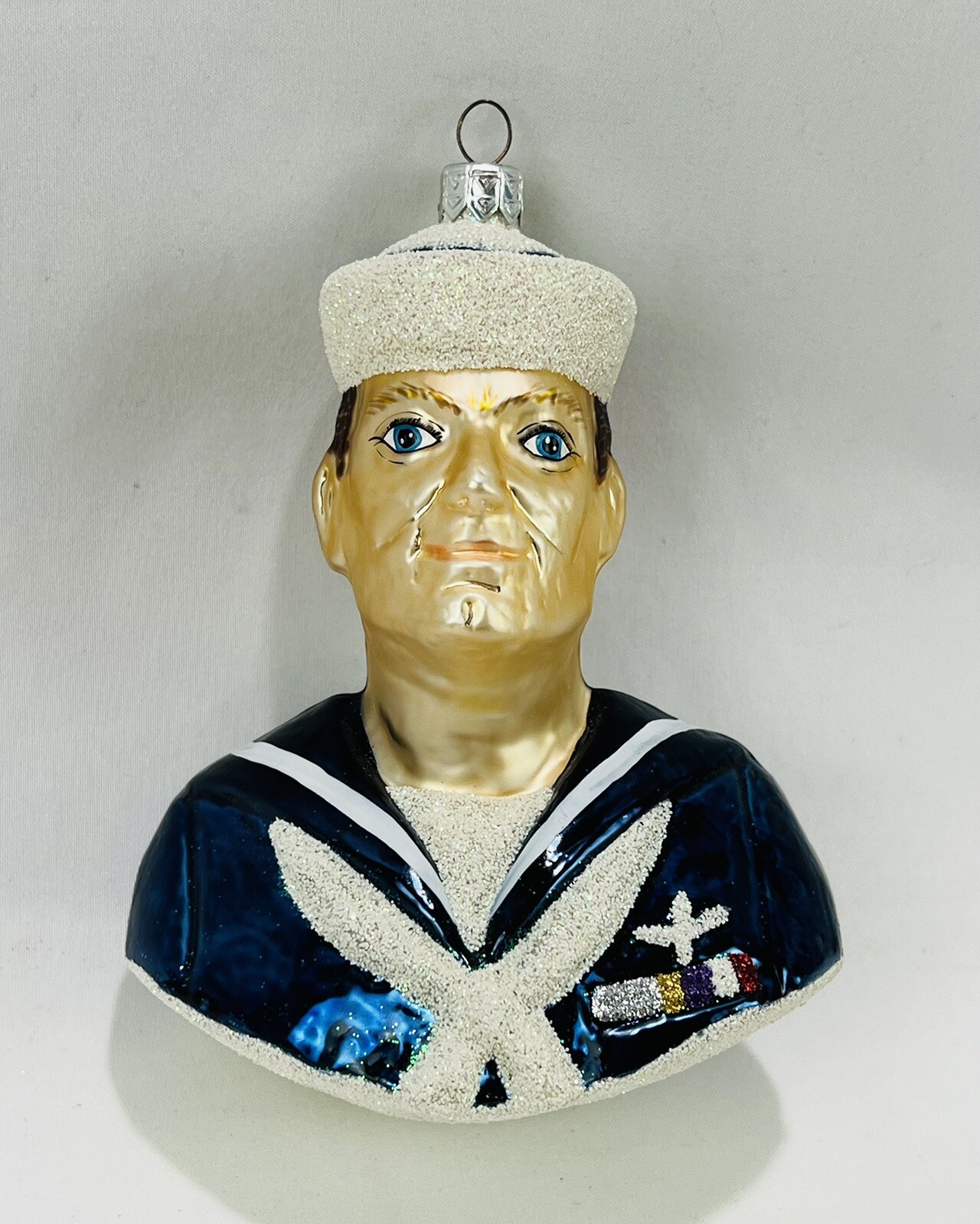 Vintage Navy United States Armed Forces USA Glass Bust Christmas Ornament