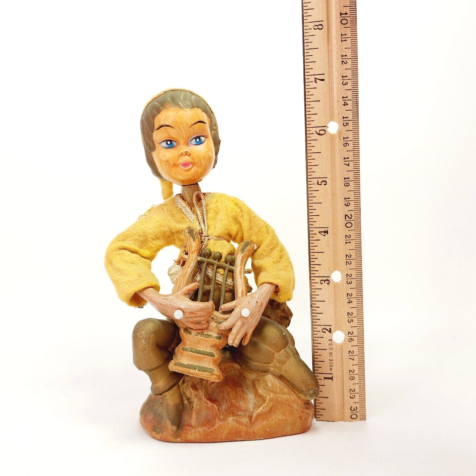Vintage Golden Fantasy Pixie Elf Playing Lyre 7.5″ Plastic Figure