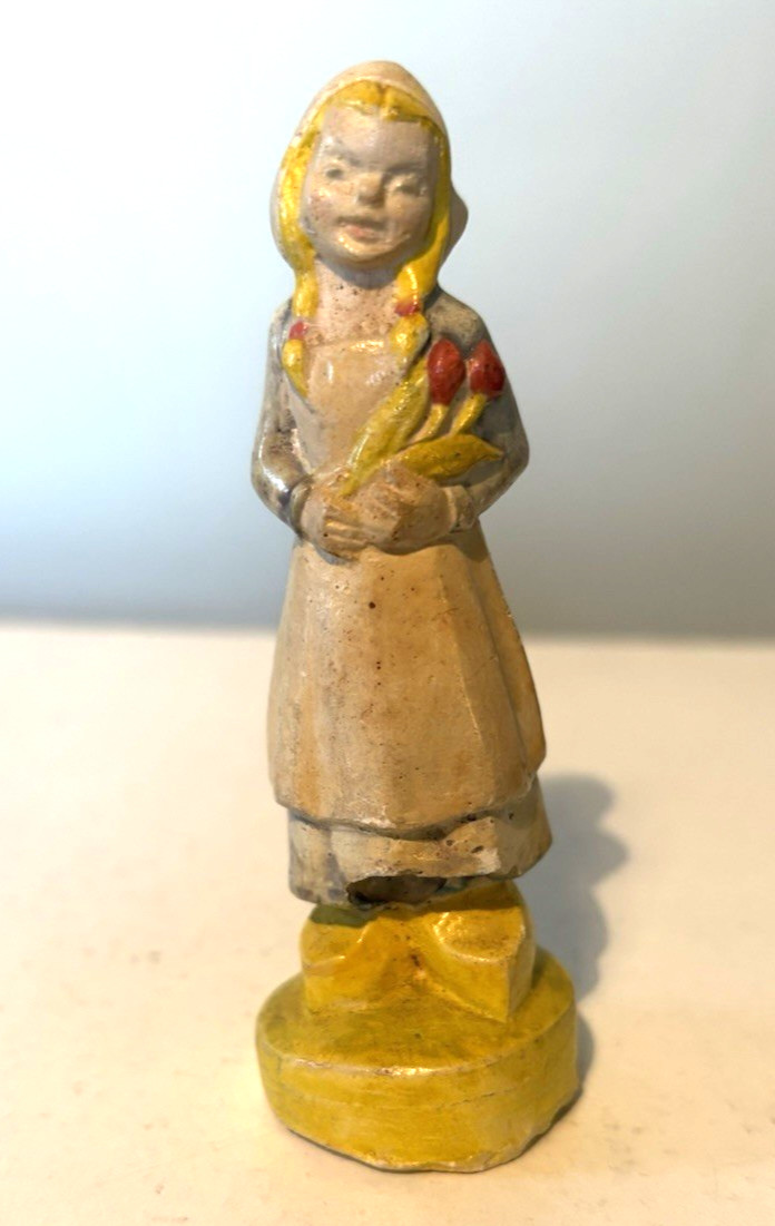 Vtg Hand Painted 3.5″ Chalkware Plaster Figurine – Dutch Girl w/ Tulip Bouquet