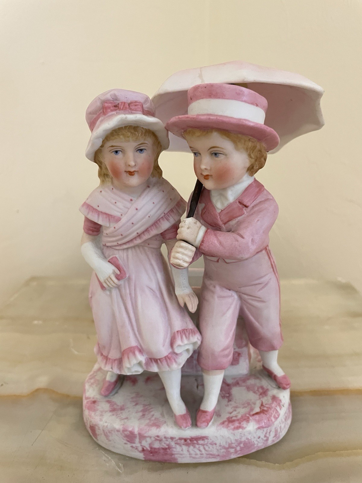 Antique German Bisque Figurine Planter Spill Holder Boy Girl Pink Umbrella