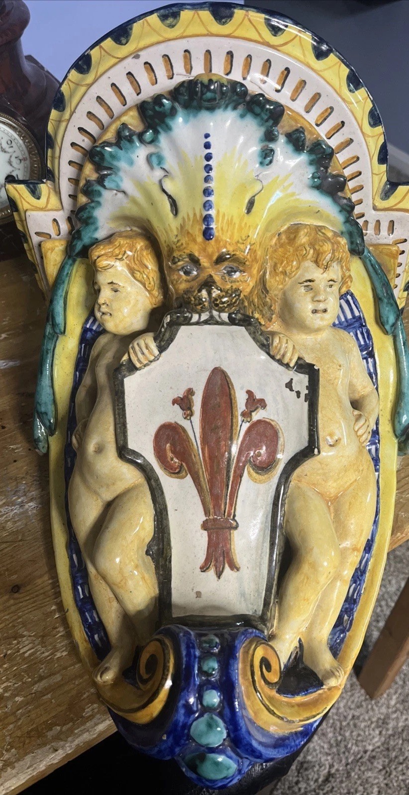Antique Italian Majolica Putti Heraldic Wall Plaques (pair).