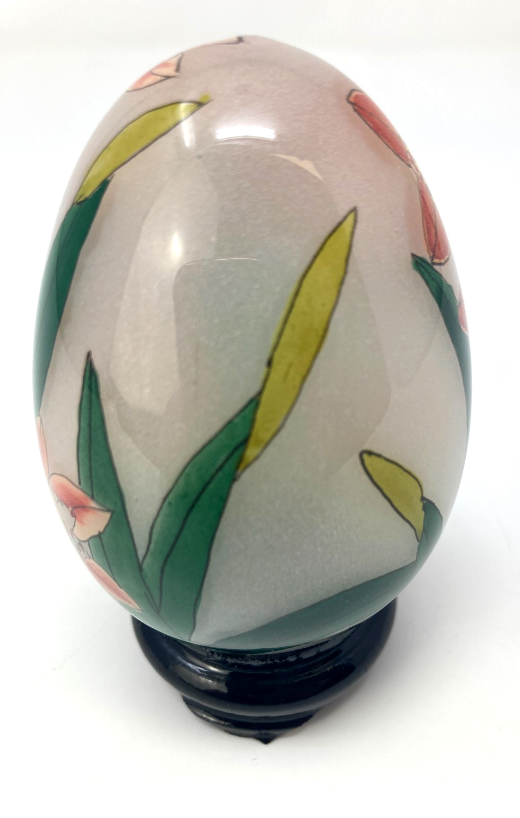 Vintage Li Bien Reverse Hand Painted Glass Egg Lily Flowers w/ Stand 1990s