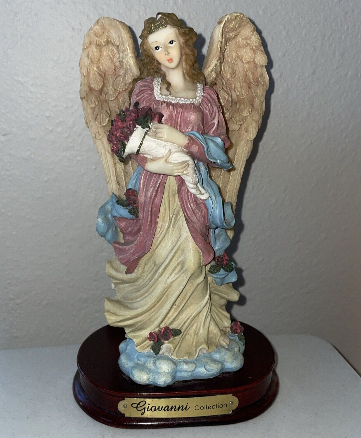 GIOVANNI Collection Resin Angel Figurine Lady Holding Roses Wood Base 7.75″ Tall