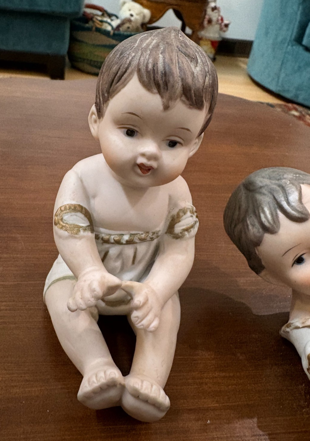 TWO 1940s 1950s vintage piano baby boy porcelain bisque figurine, SET OF 2