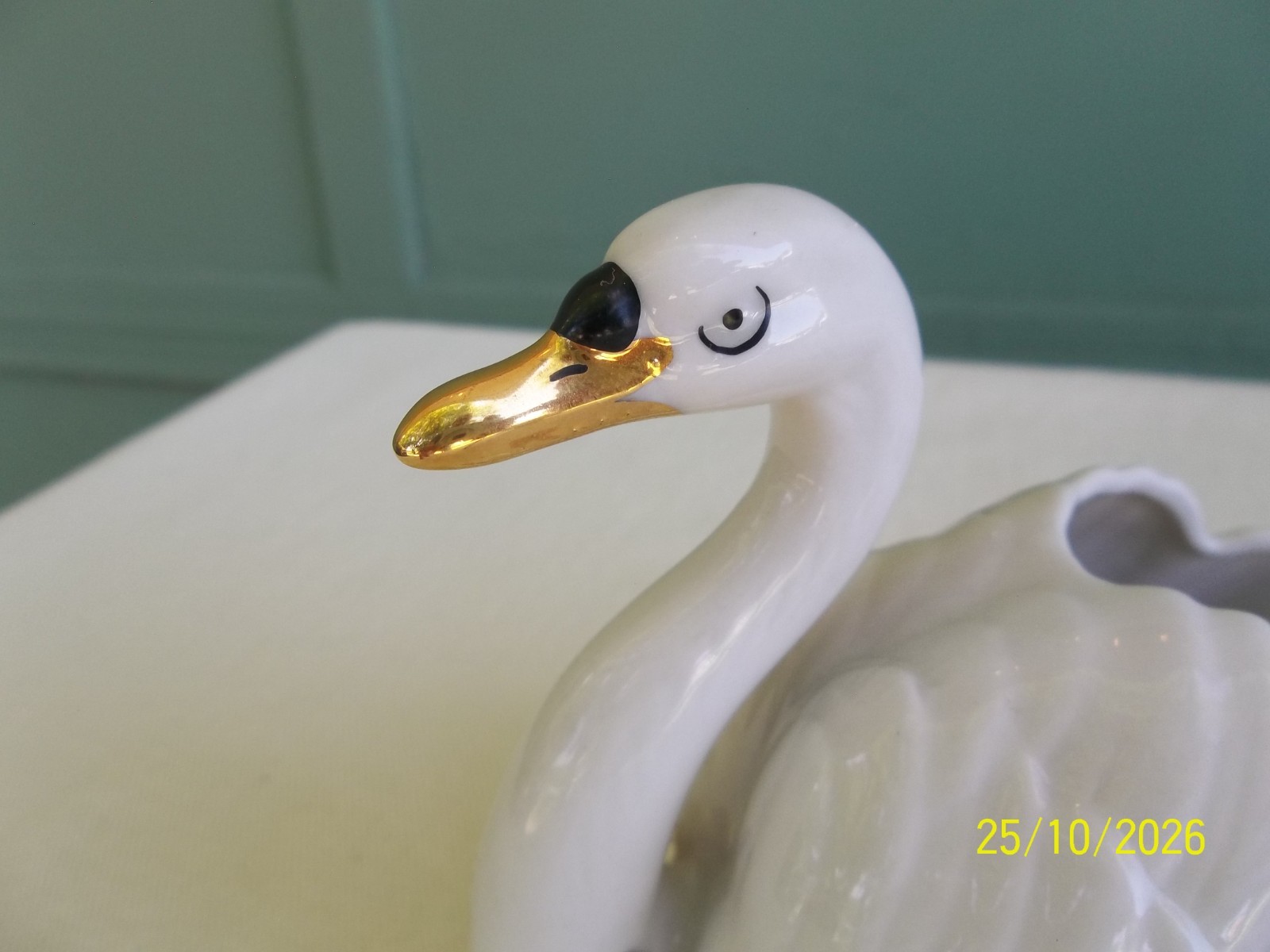 Vintage Dresden Porcelain Swan w/ Pink Roses & Gold Trim