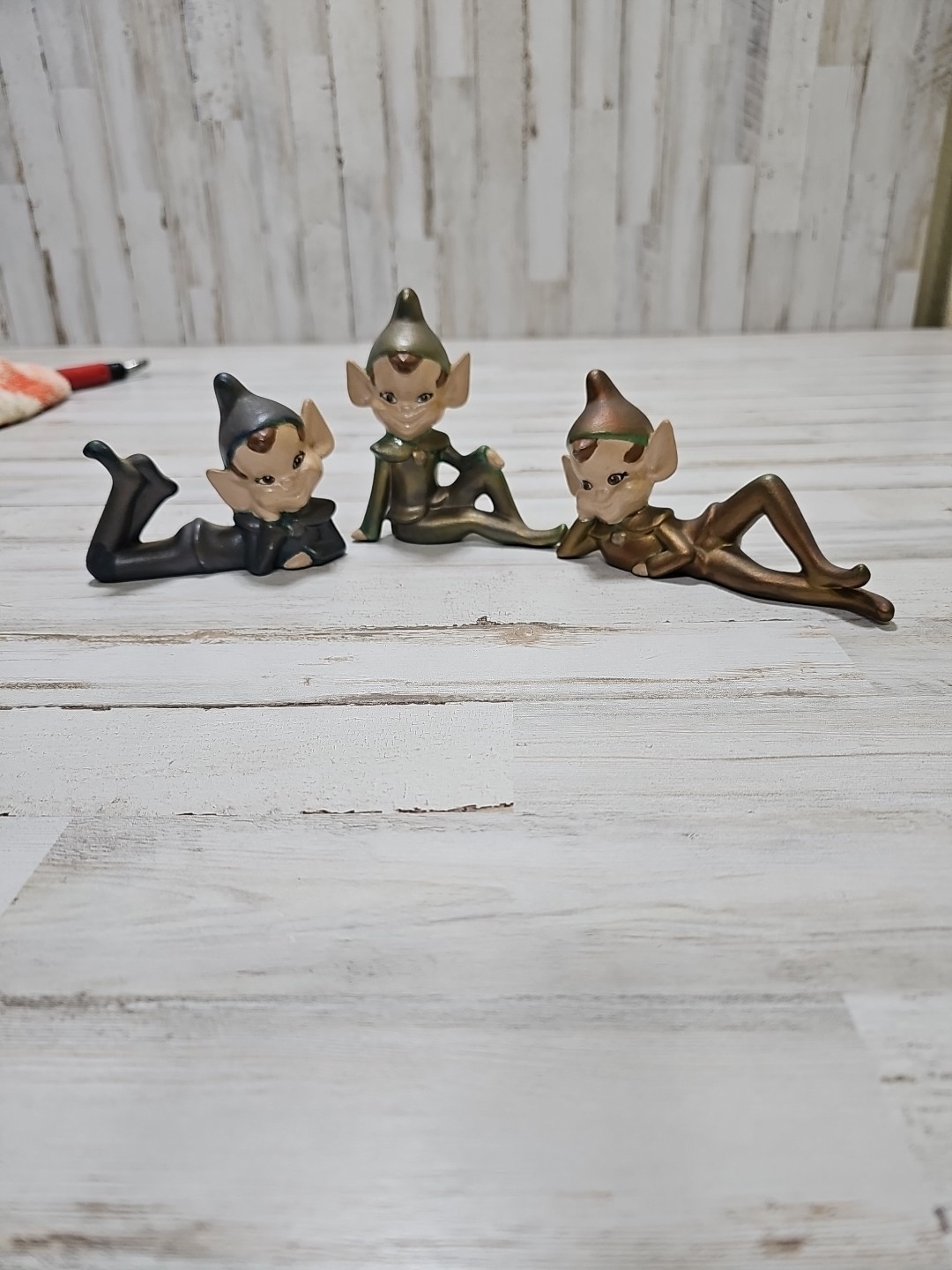 Vintage Ceramic Pixie Elf Figurine Knee Up Pointed Ears MCM Decor Lot Of 3