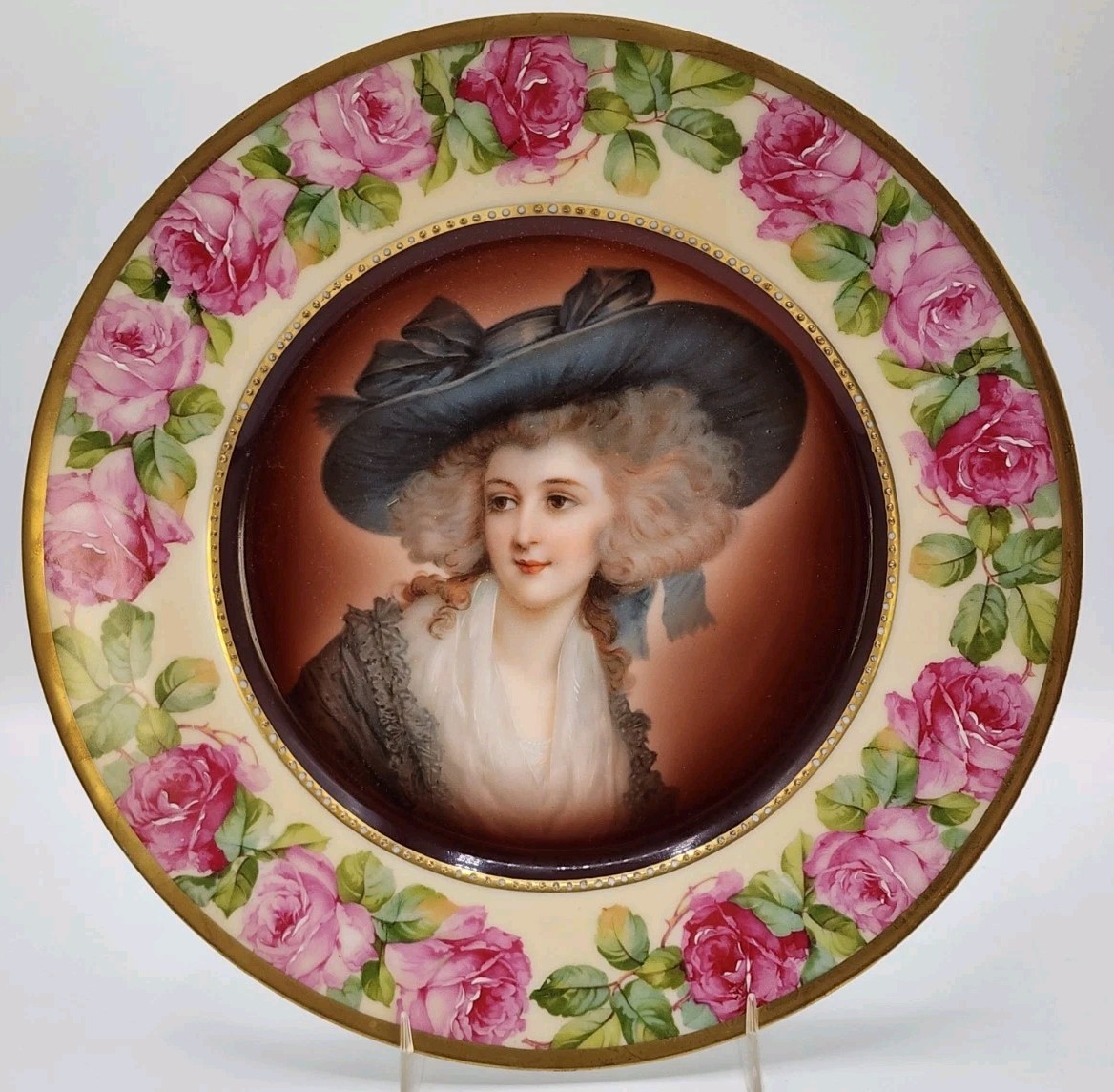 Antique Royal Munich Hand Painted Woman Portrait Plate w/Roses Barvaria 10″