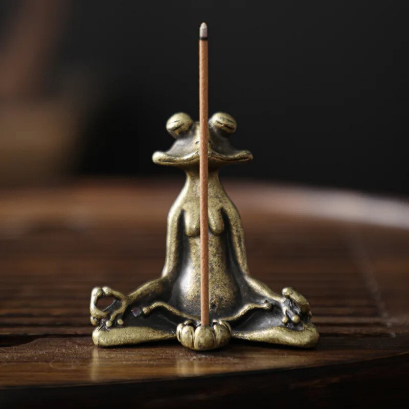 1X Antique Meditation Zen Frog Statue Ornament Metal Animal Sculpture Incens US