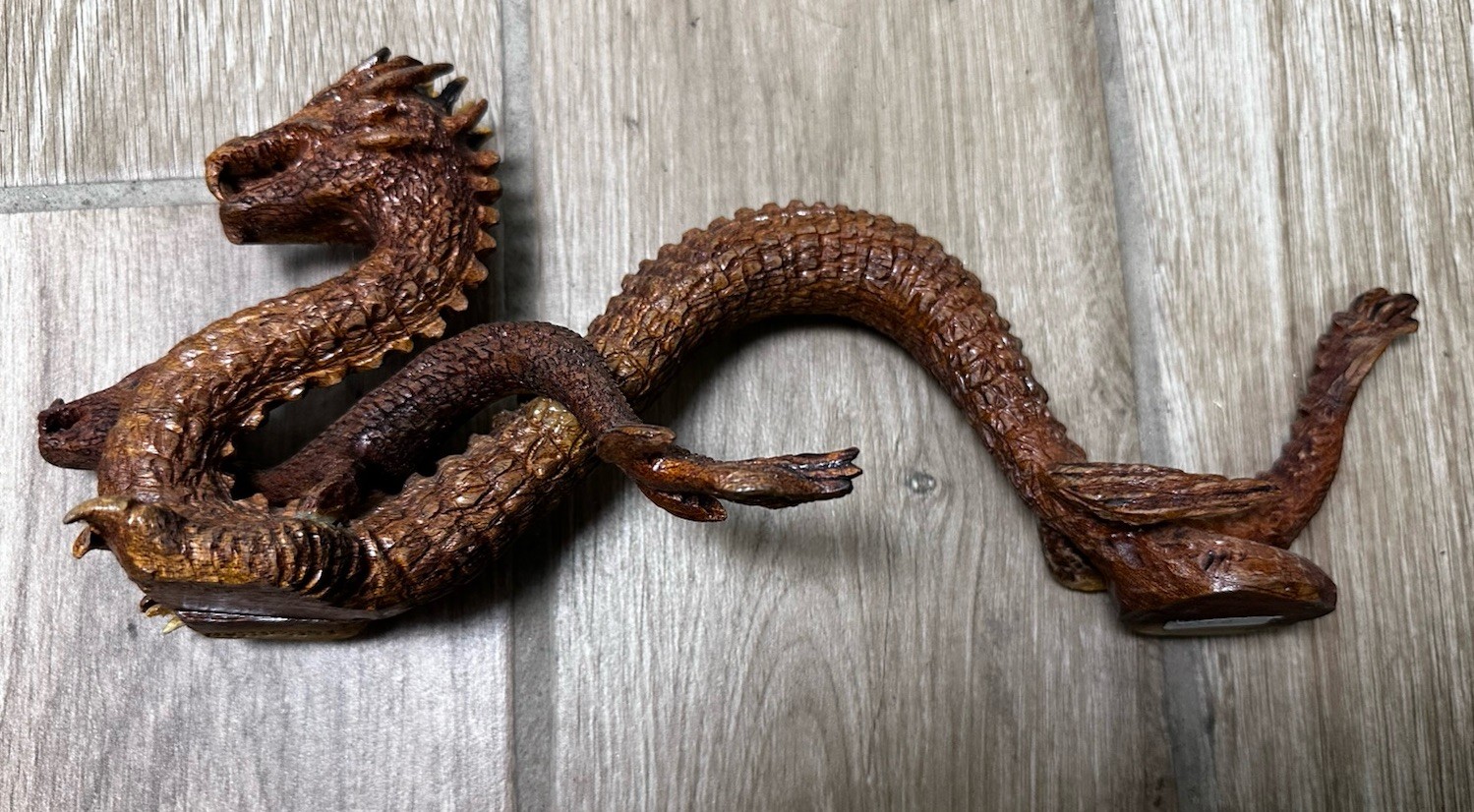 Vintage Wooden Art Dragon Carved Very Detailed, Antiqued Figurine 13 Long