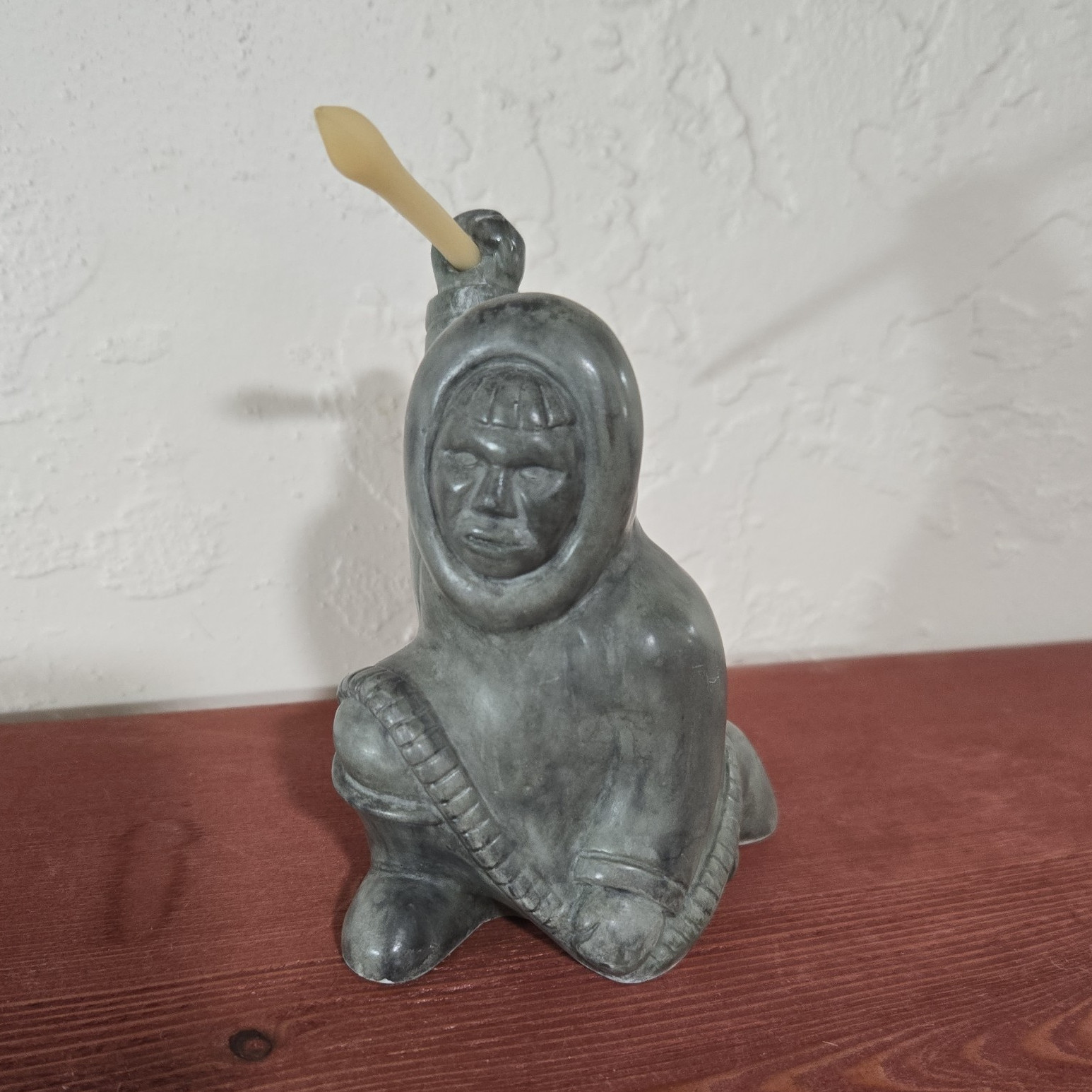 Hand Carved Gray Stone Man Figurine Holding Spear/Harpoon Matte Finish