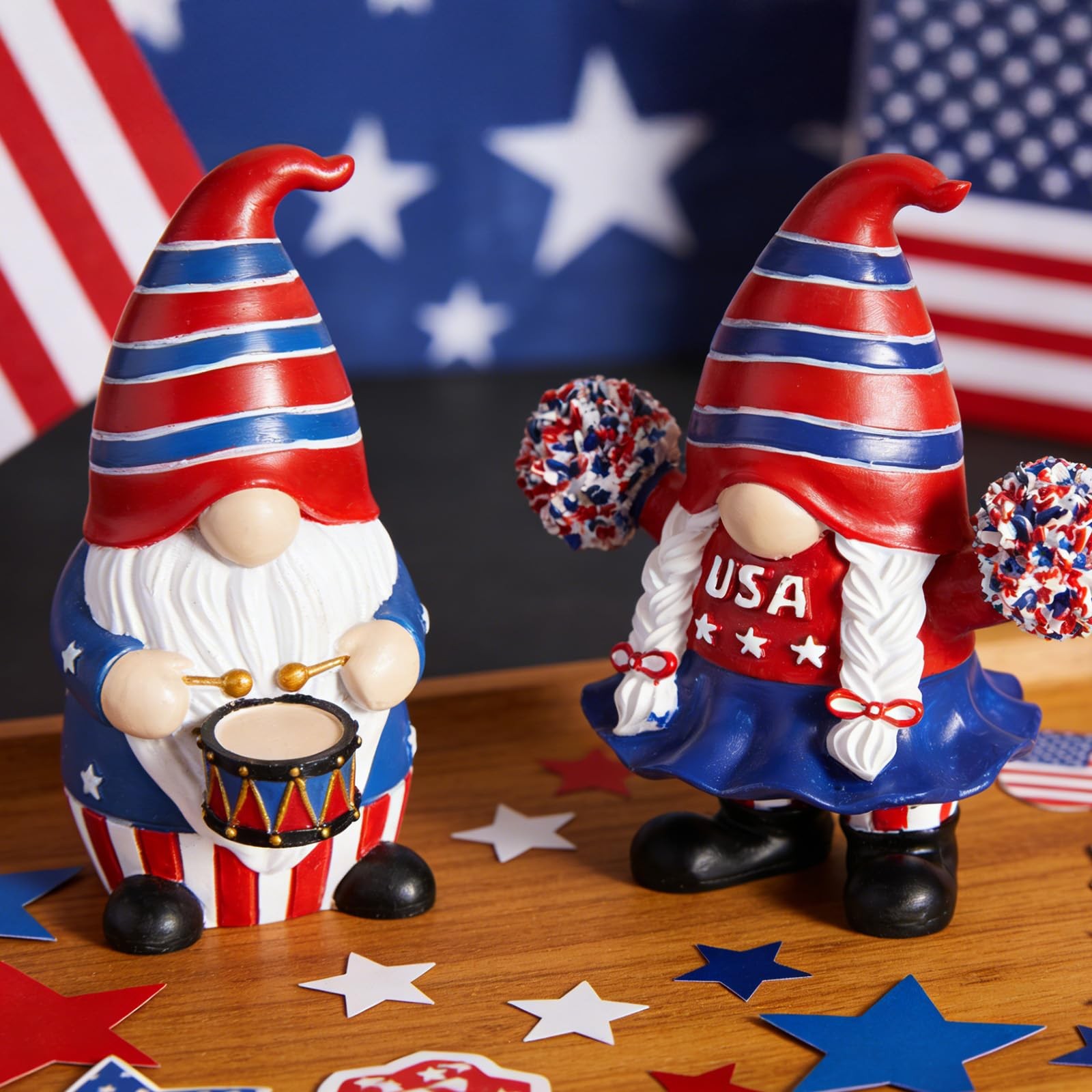 4th of July & Memorial Day Decorations, Patriotic Gnomes Decor Red Blue Resin…