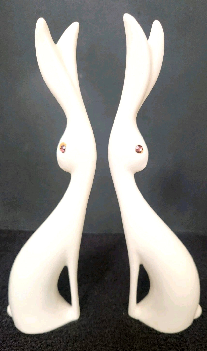 2 Modern White Bunnies Easter Rabbits Ceramic Slim Figures Statue Purple RS Eyes