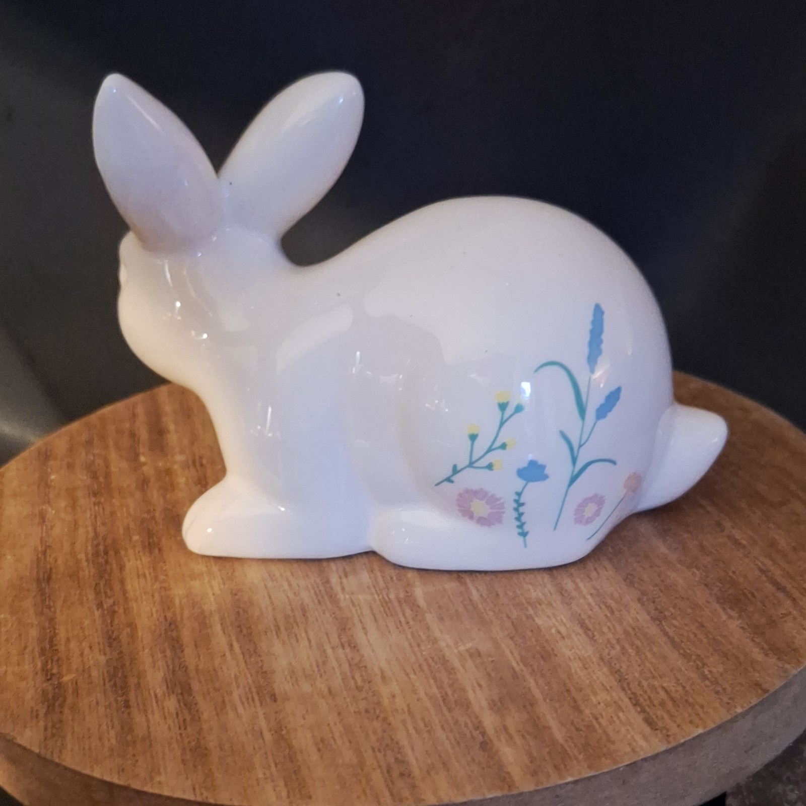 Ceramic Rabbit Figurine Hand Painted Floral Glossy White Blue Pink Yellow