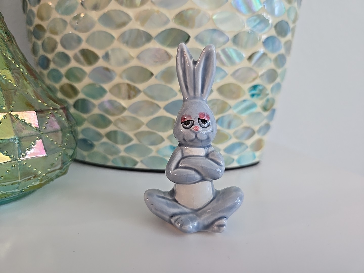 Vintage 3″ Easter Bunny Ceramic figure Cartoon Funny Sarcastic Yoga Rabbit