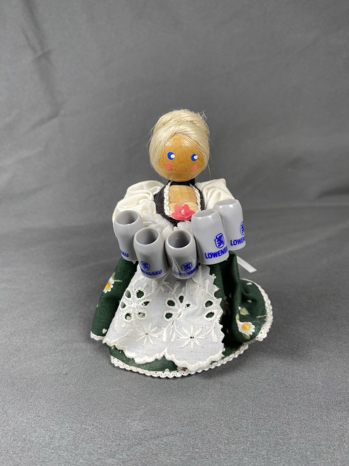 Vintage G. Prosel German Wood Doll Barmaid serving Lowenbrau Beer Figurine 4.25”