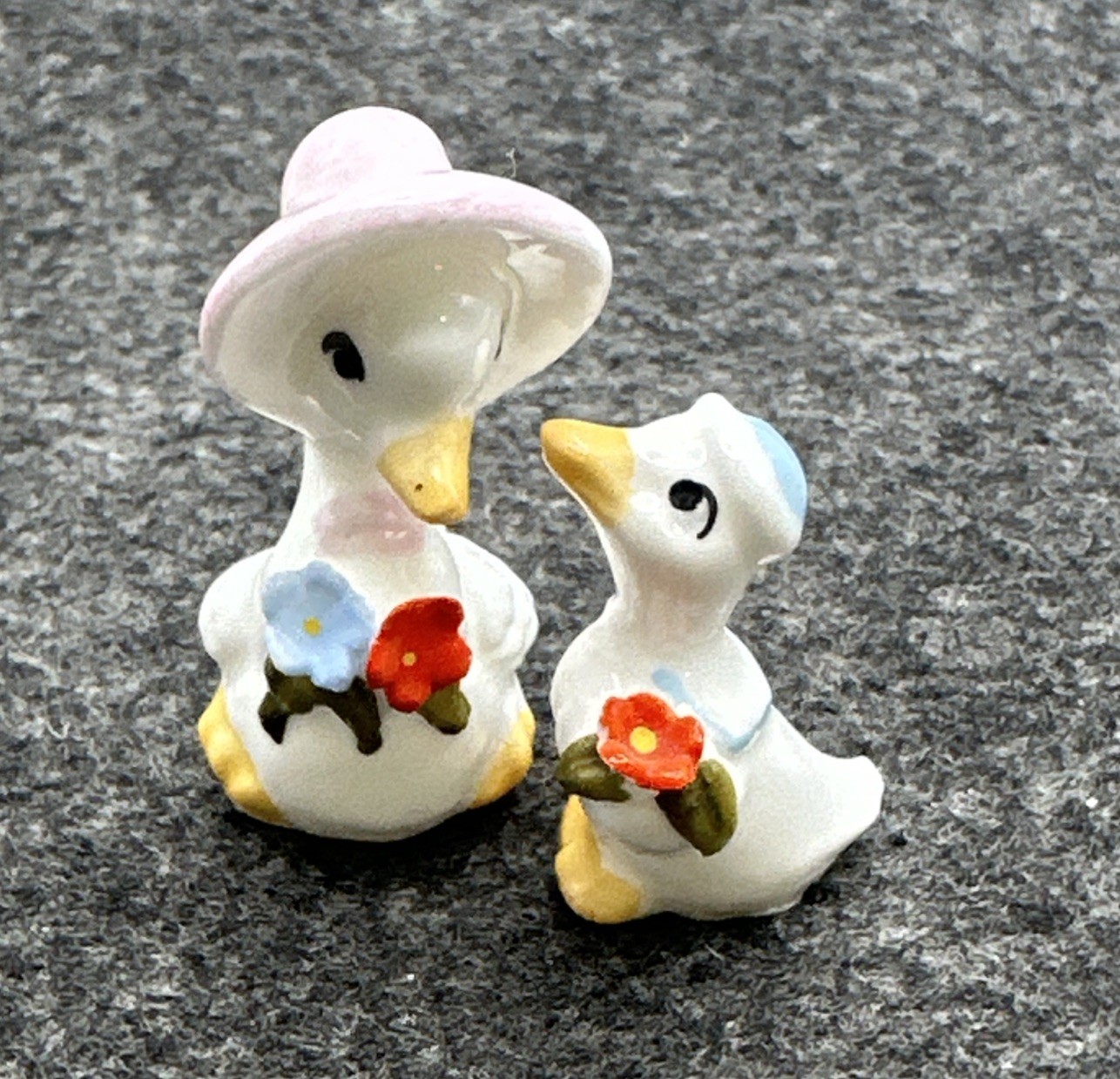 VTG Mother Goose And Baby Boy Mini Porcelain Figurines Holding Flowers