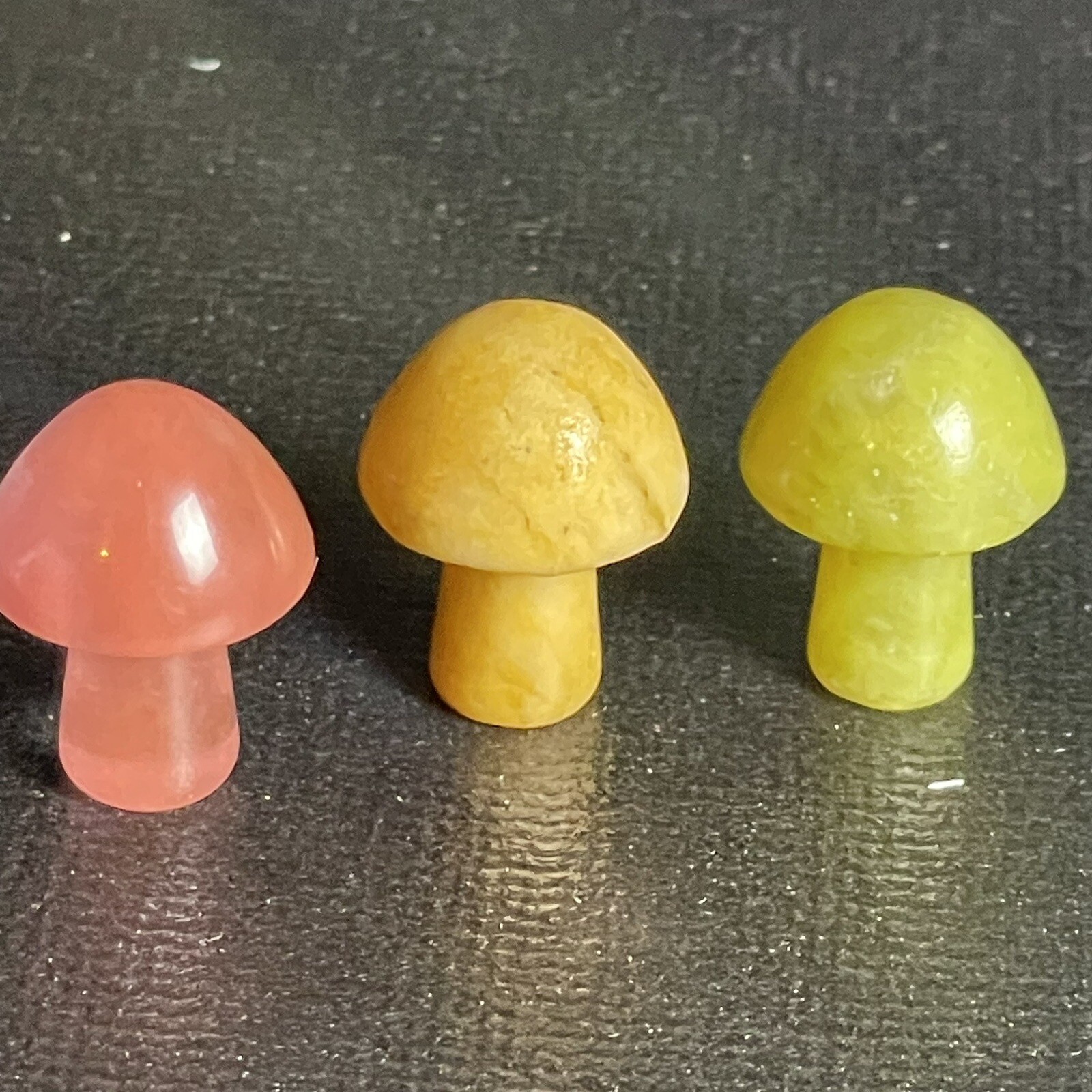 Mini Carved Stone Mushrooms Polished Rock Pink Yellow Green 3pc Mushroom