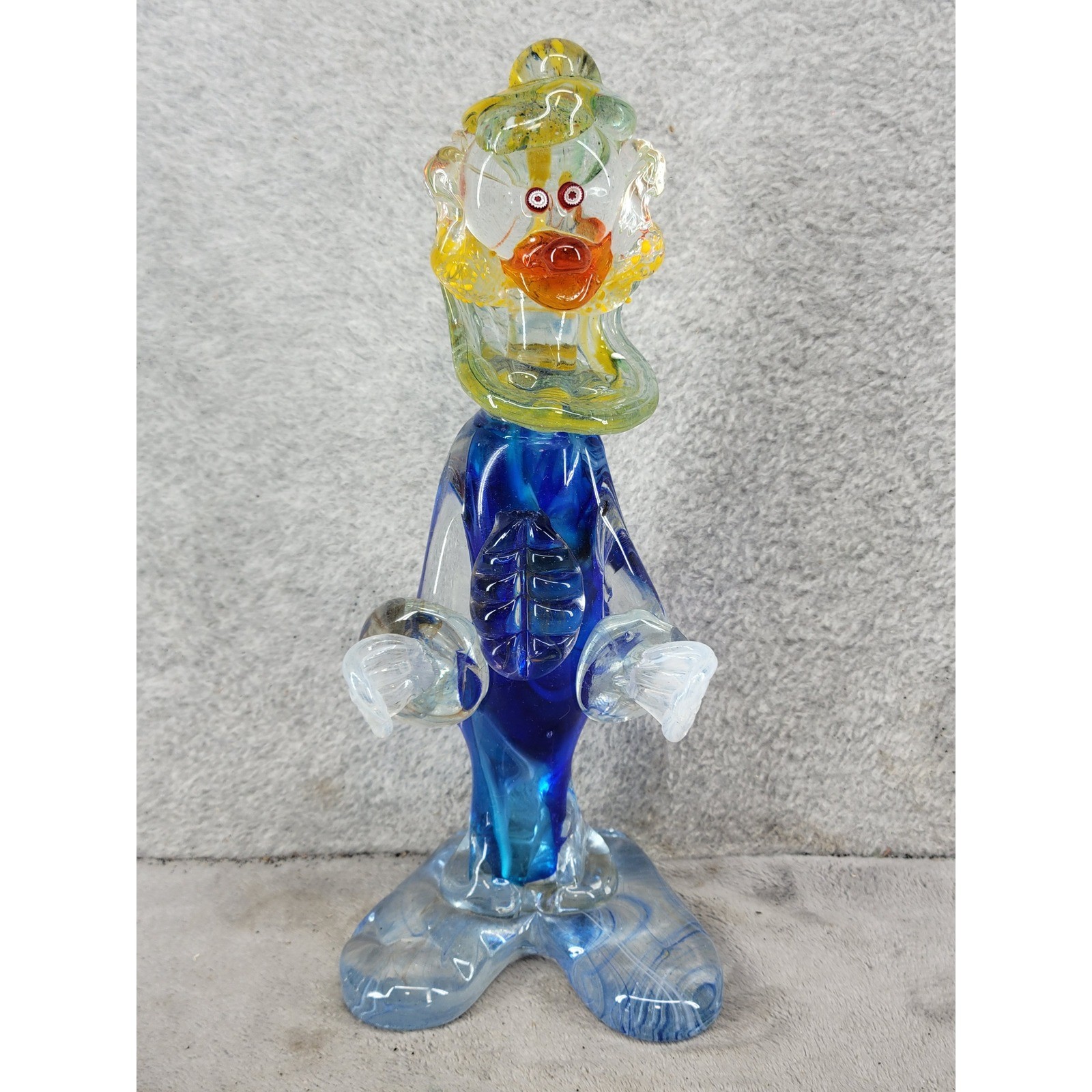 Vintage Murano Style Hand Blown Art Glass Clown Figurine Blue Yellow 10.5 in MCM