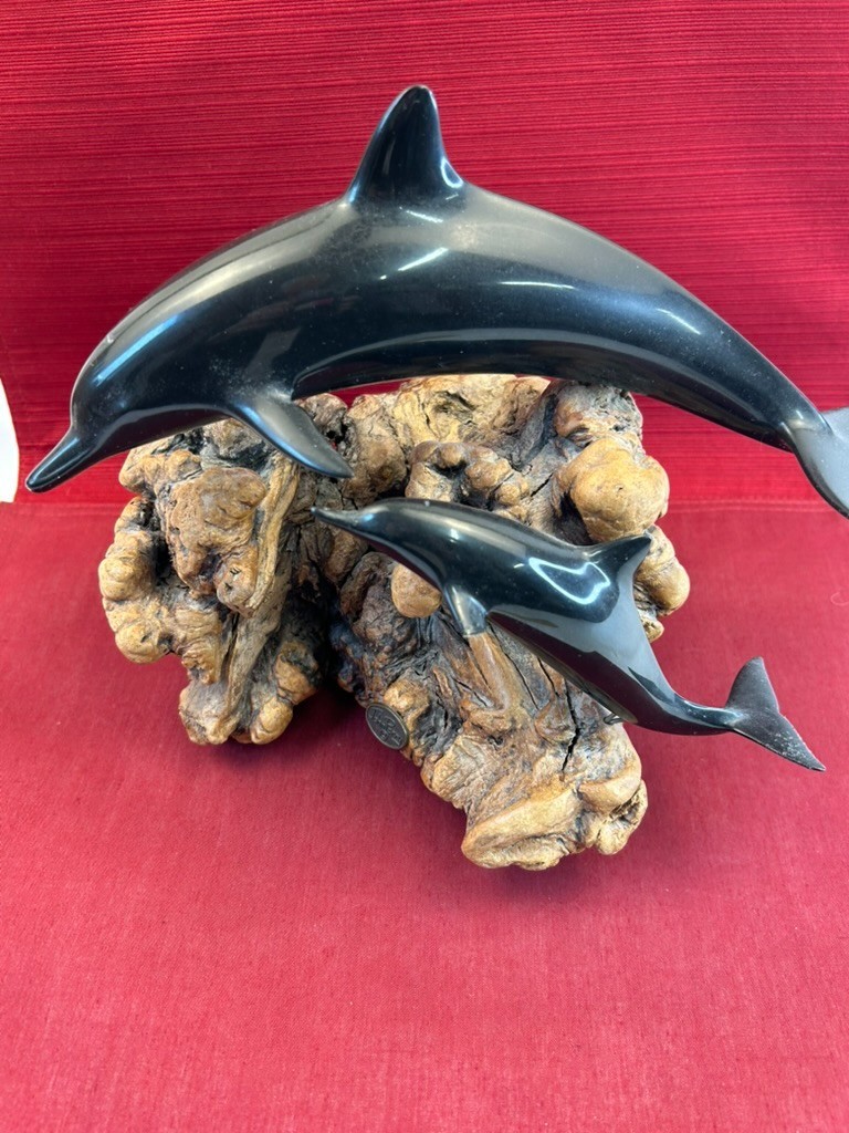JOHN PERRY Sculpture ~ 2 Dolphins ~ Pellucida On Burlwood