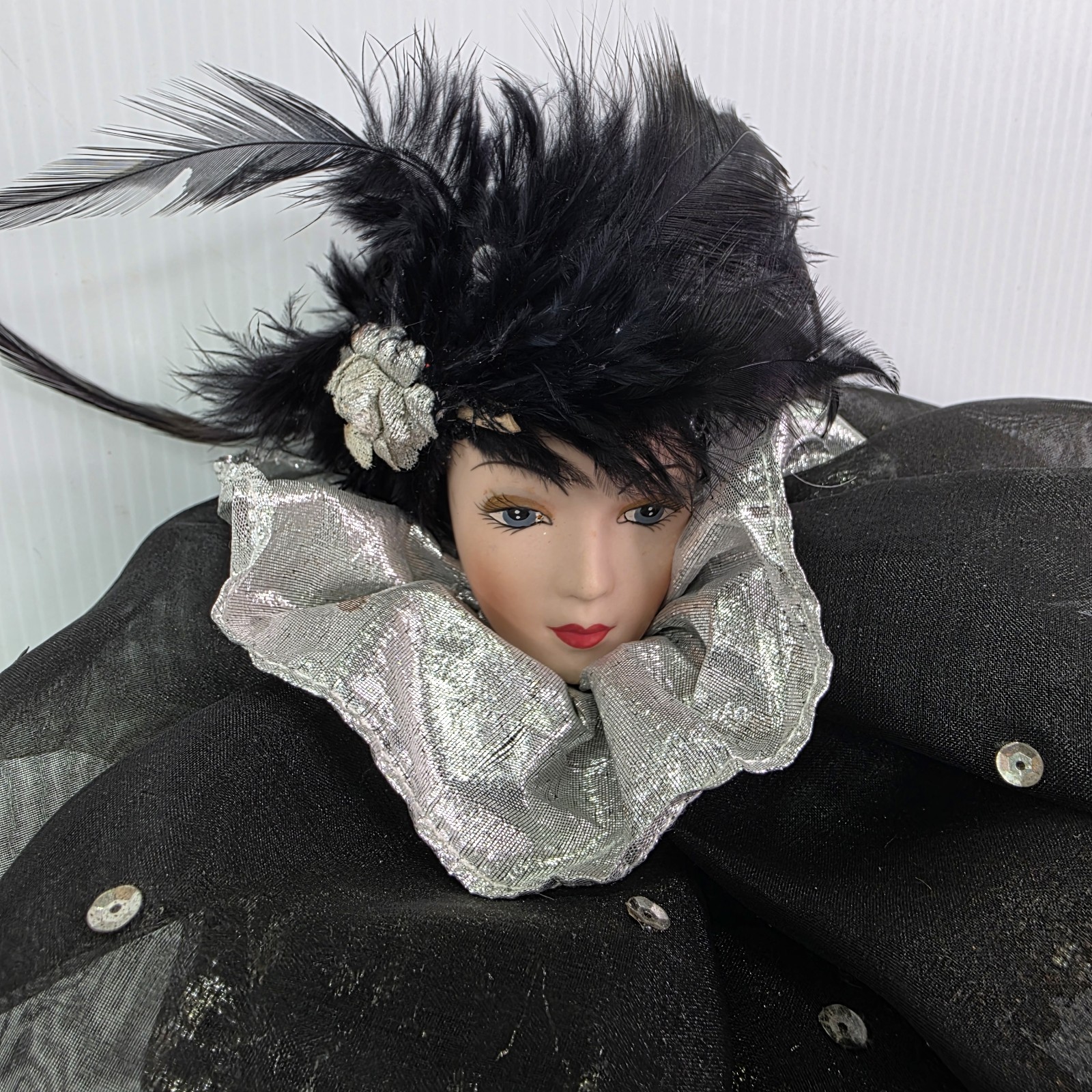 Victoria Pierrot Porcelain Harlequin Doll Head in Feathers Dress Arms