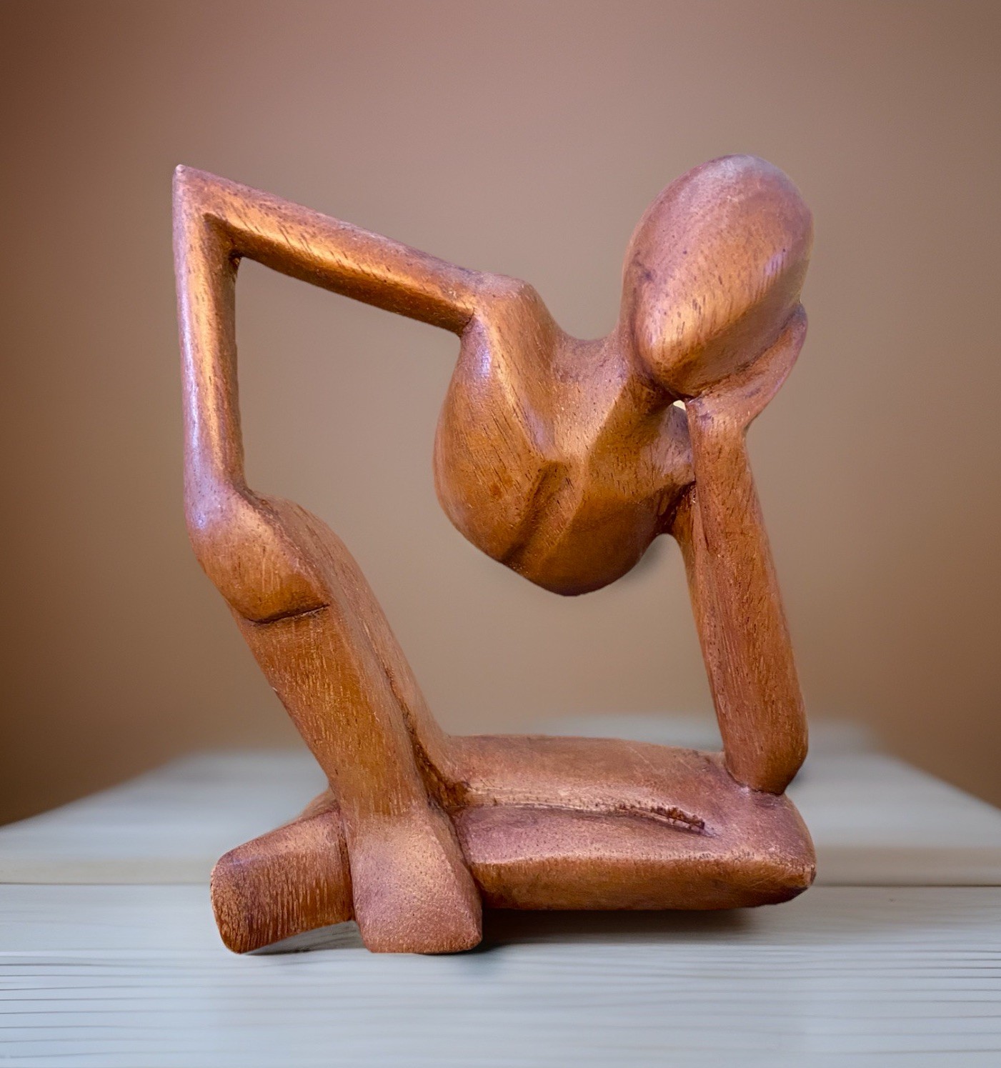 Solid Suar Wood Carved “The Thinker” Abstract Sculpture Statue. 6.5”H x 5”W