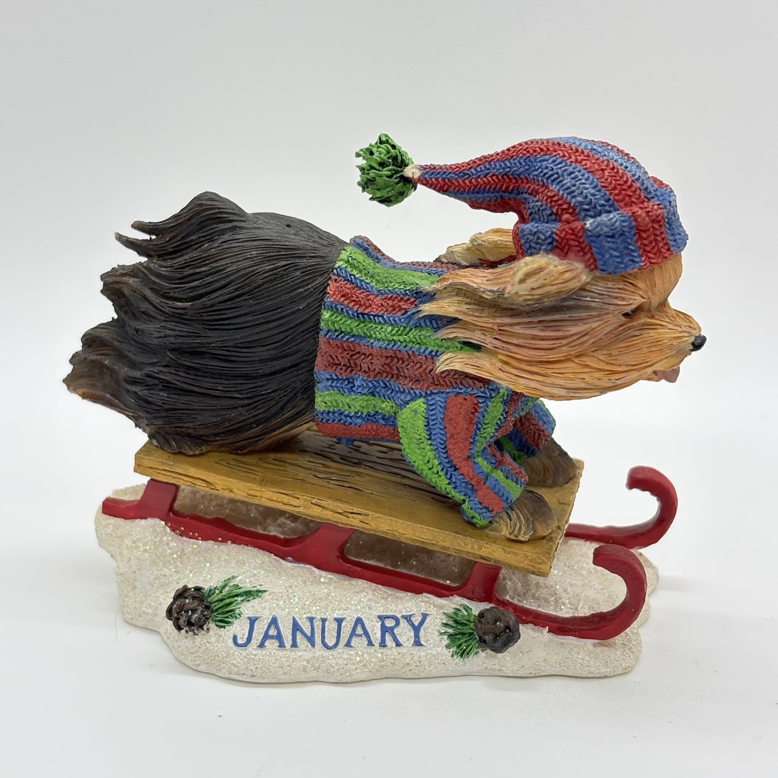 Danbury Mint Yorkie Perpetual Calendar January Winter Sledding Figurine