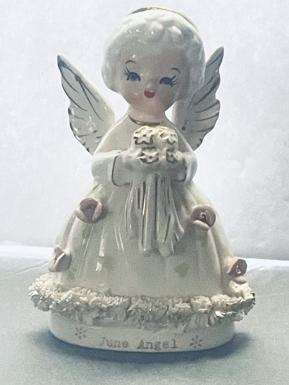 Vintage Ceramic June Angel Wedding figurine with spaghetti trim 1950s Japan