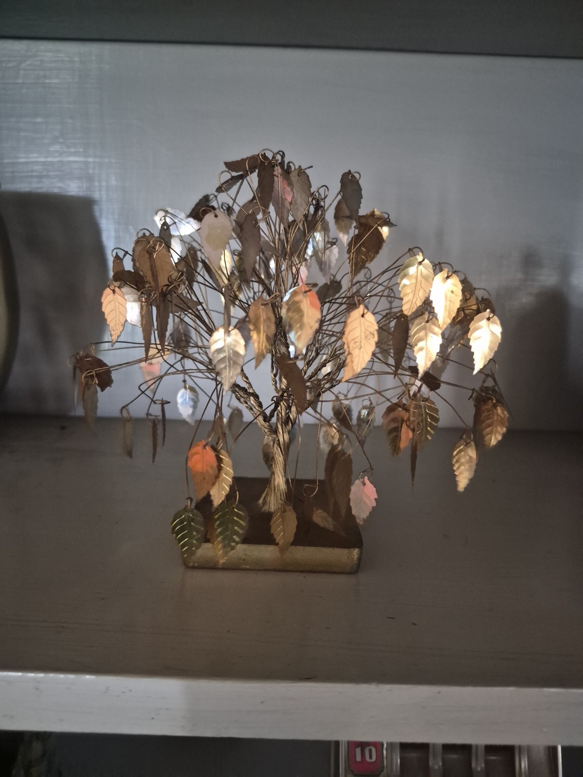 Metal Tree Sculpture Figurine on Base Leaf Design Metallic Gold Silver Copper