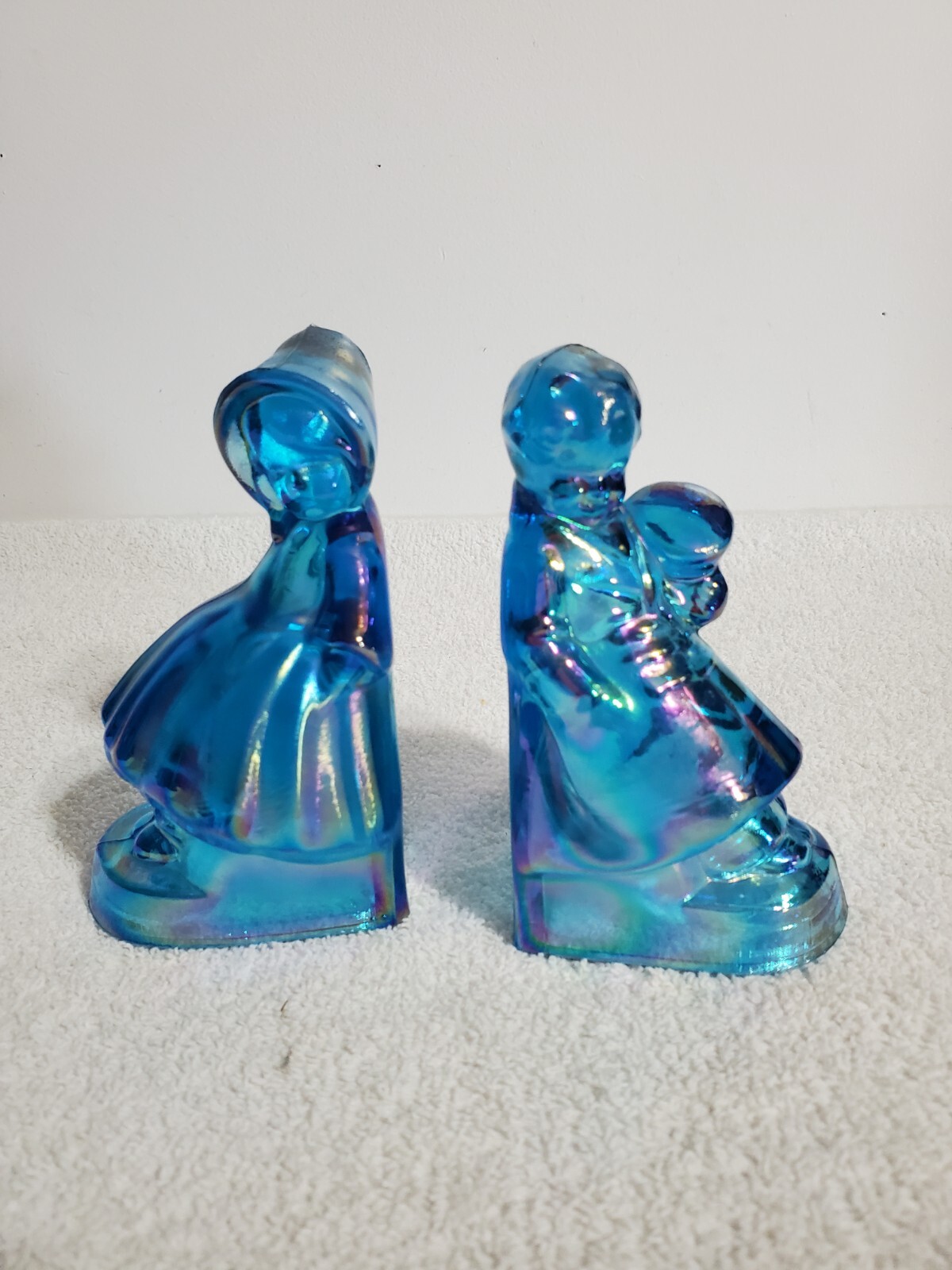 Vintage Wheaton Iridescent Blue Carnival Glass Boy And Girl Bookends